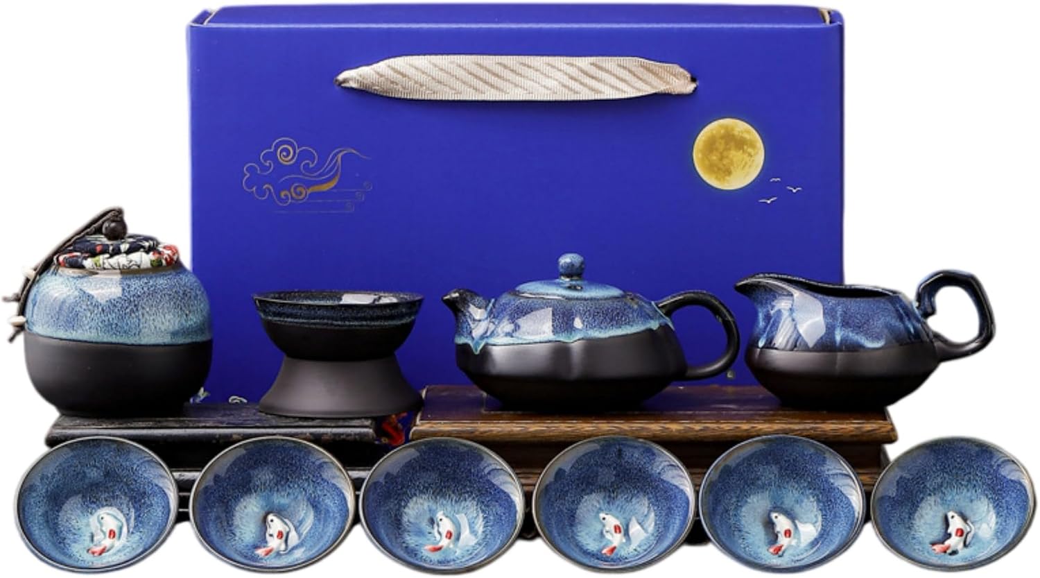 窑变天目釉11头茶壶套装（镶嵌锦鲤） Glass Tea Cup,Ceramic cup Set,Zi Sha Tea Cup,Ceramic Teapot,Purple Clay Tea 轻奢沙金窑变陶瓷茶杯茶 Ceramic Coffee Mugs Set,Microwave & Dishwasher Safe,Gift for Man and Women
