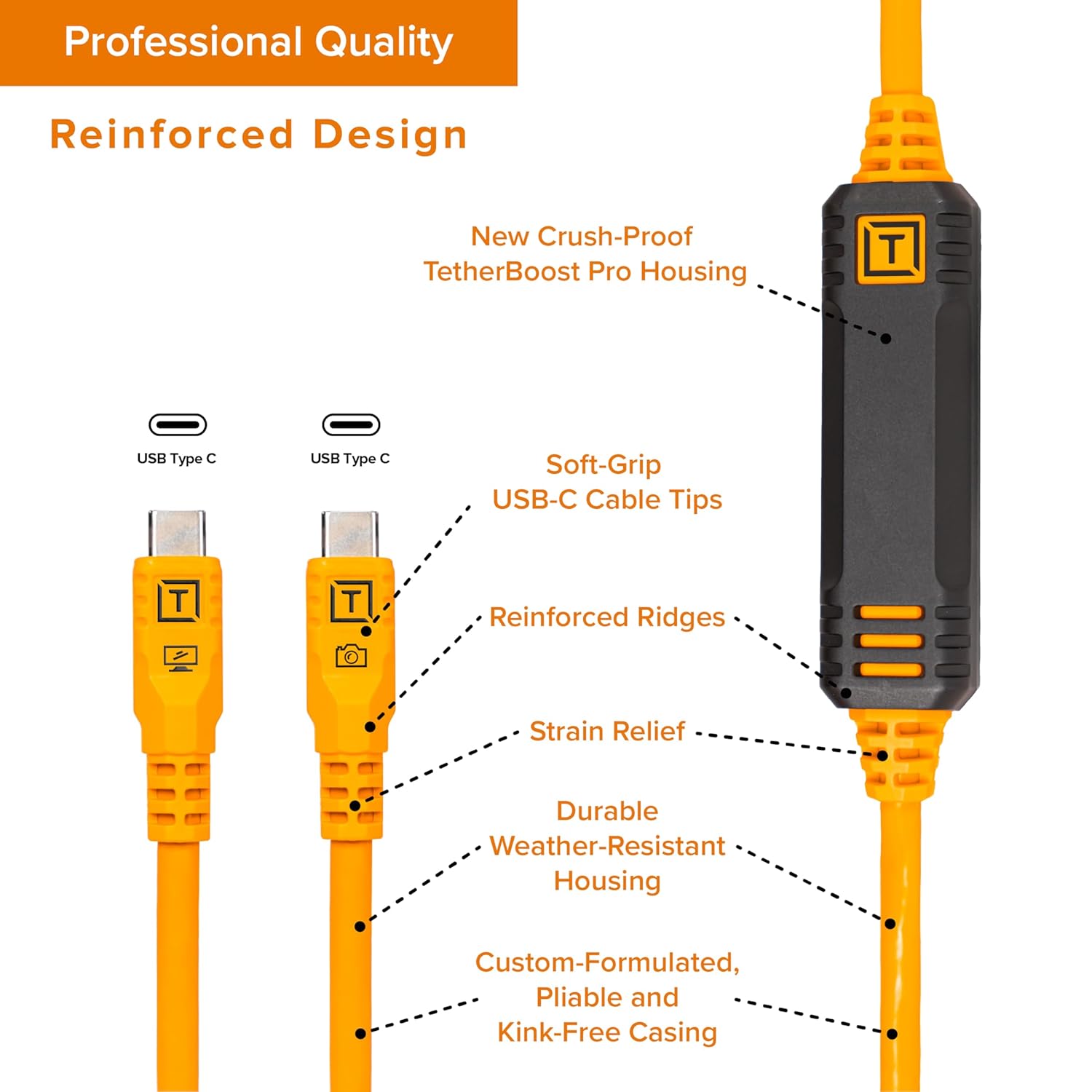 Tether Tools TetherPro Optima 10G USB-C Exclusive Data Transfer, 10’ (3m) Straight to Straight Cable - Orange