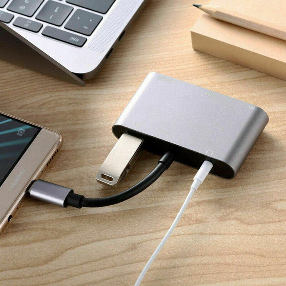 2024 1 * 5 in 1 Adapter Converter Hub, Type C to HDMI/VGA/USB Audio/USB-C PD Port Adapter Converter Hub Typec Hdmi+Vga+Audio+USB+PD Accessory