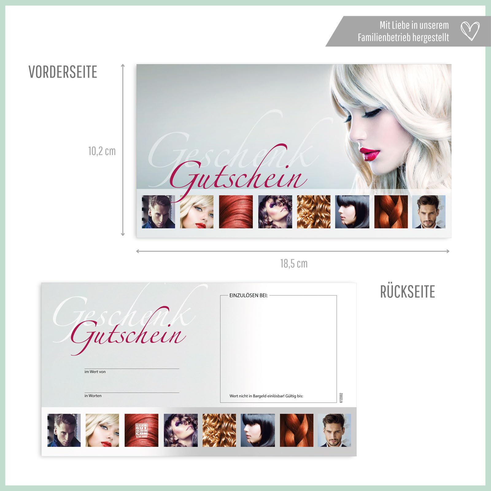 Gutschein-Set. 50x Gutschein + Kuvert + Schleife. Für Friseure Haarstudios Coiffeure, blanko zum selber Ausfüllen.