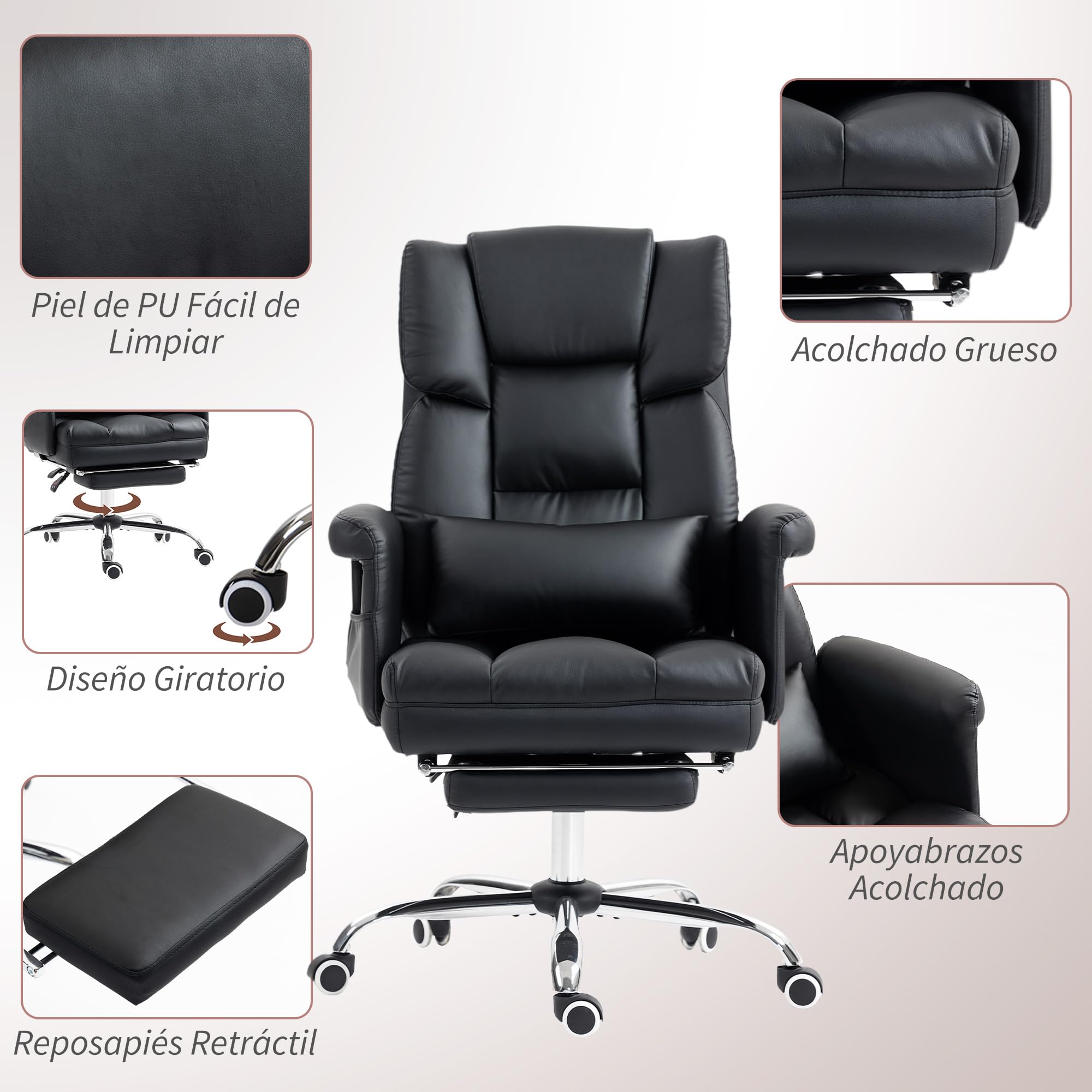 HOMCOM Silla de Oficina de PU 6 Puntos de Masaje Vibratorio Negro | Silla de Escritorio Giratoria Ergonómica, Reposapiés Retráctil, Altura Ajustable, Control Remoto, Soporte Lumbar