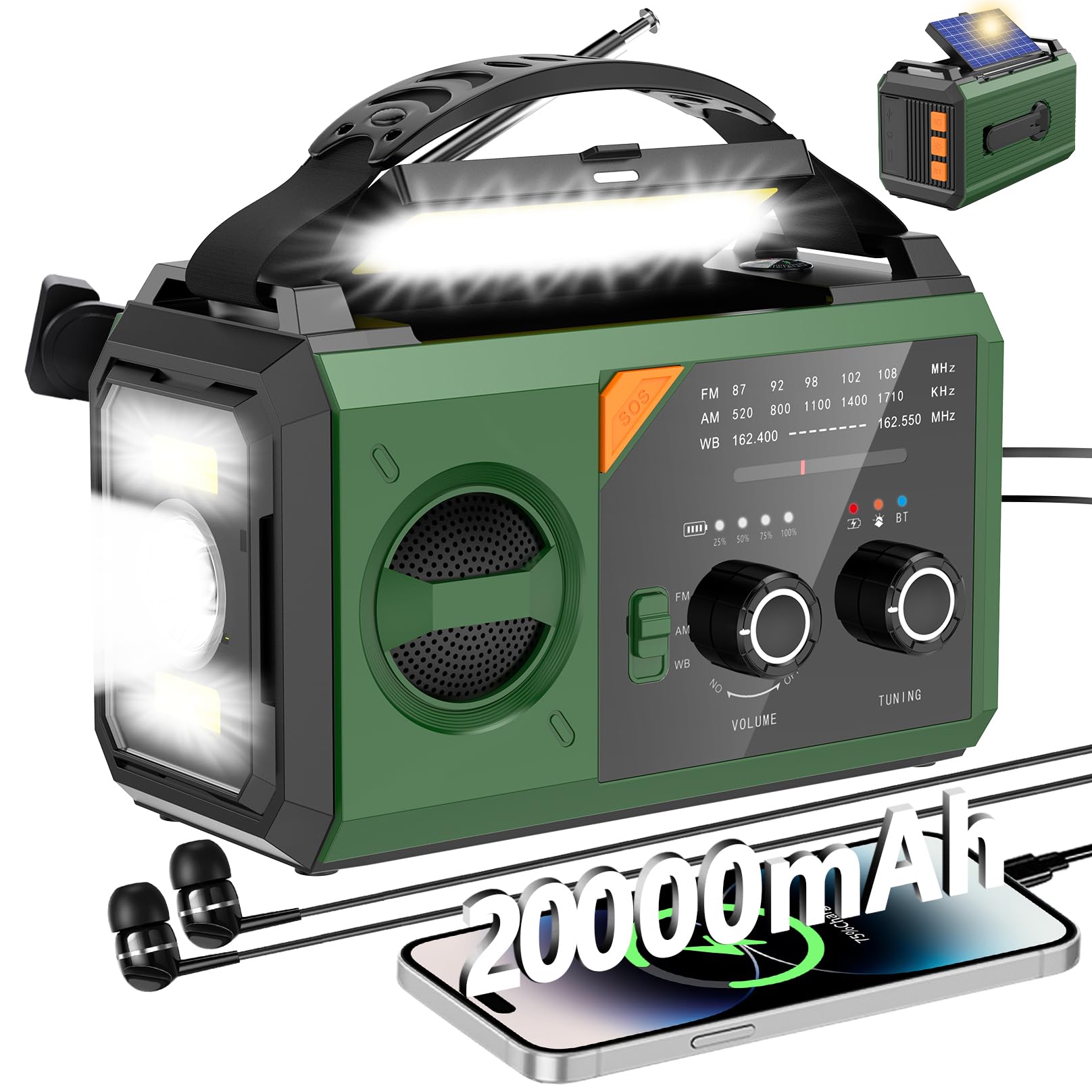 Emergency Weather Radio With Hand Crank & Solar - 20000mAh Power Bank, NOAA Alerts, Flashlight, SOS, FM/AM/SW