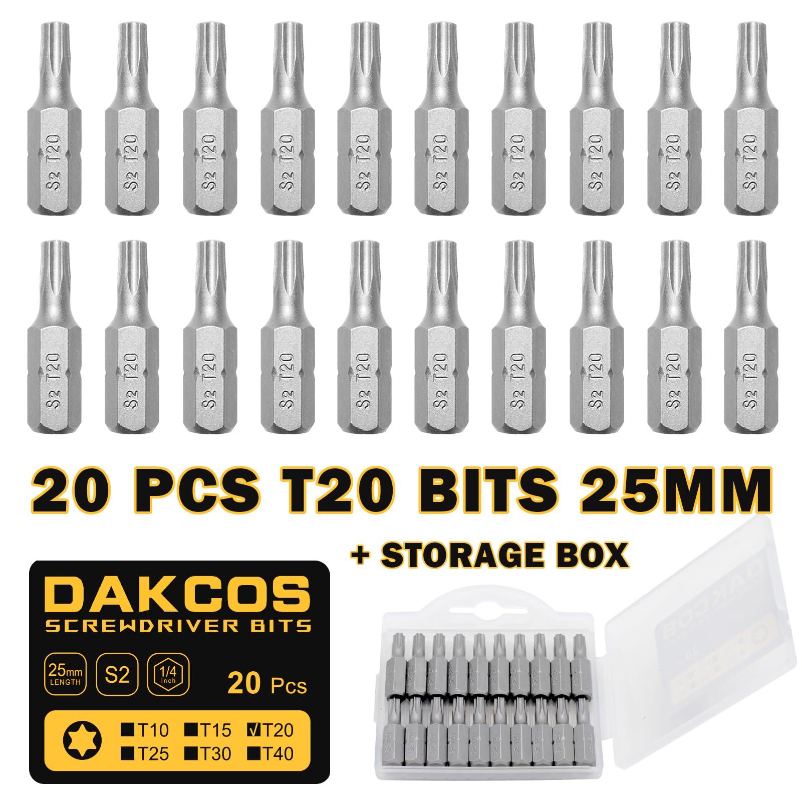 DAKCOS Juego de puntas de destornillador de estrella Torx de T20 de 20pc, acero S2 longitud de 25mm