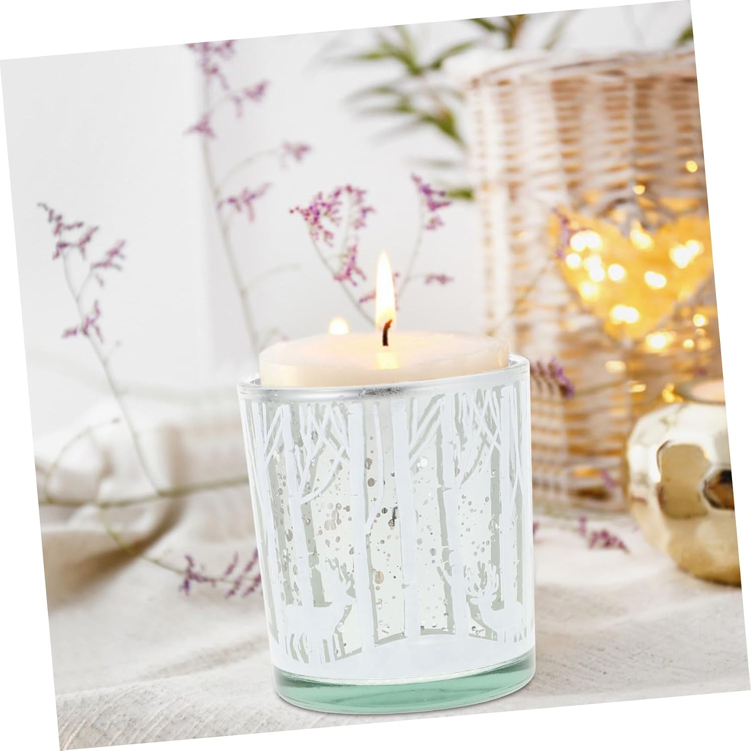2pcs Christmas Glass Candle Holders Set, Silver Xmas Tree and Reindeer Design, Decorative Tabletop Candle Stand for Holiday Party and Home Seasonal Décor