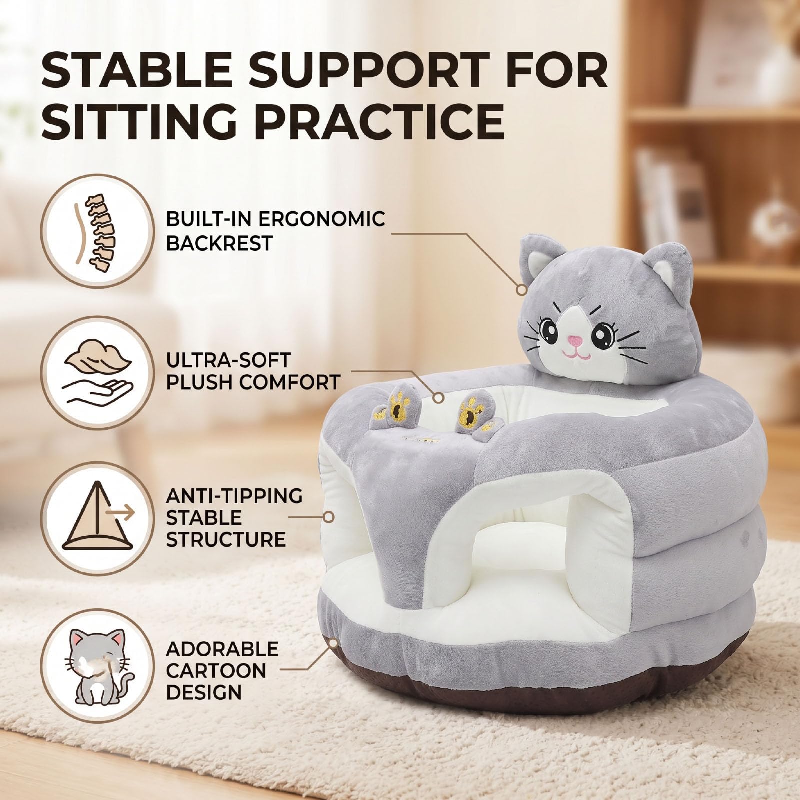 Cryfokt Sedia di Supporto per Bambini Sit Up Peluche Imparare a Sedersi Divano con Schienale per Neonati Morbido Cartone Animato Seggiolino per Bambini per Esercitarsi in Seduta Cuscino di Supporto