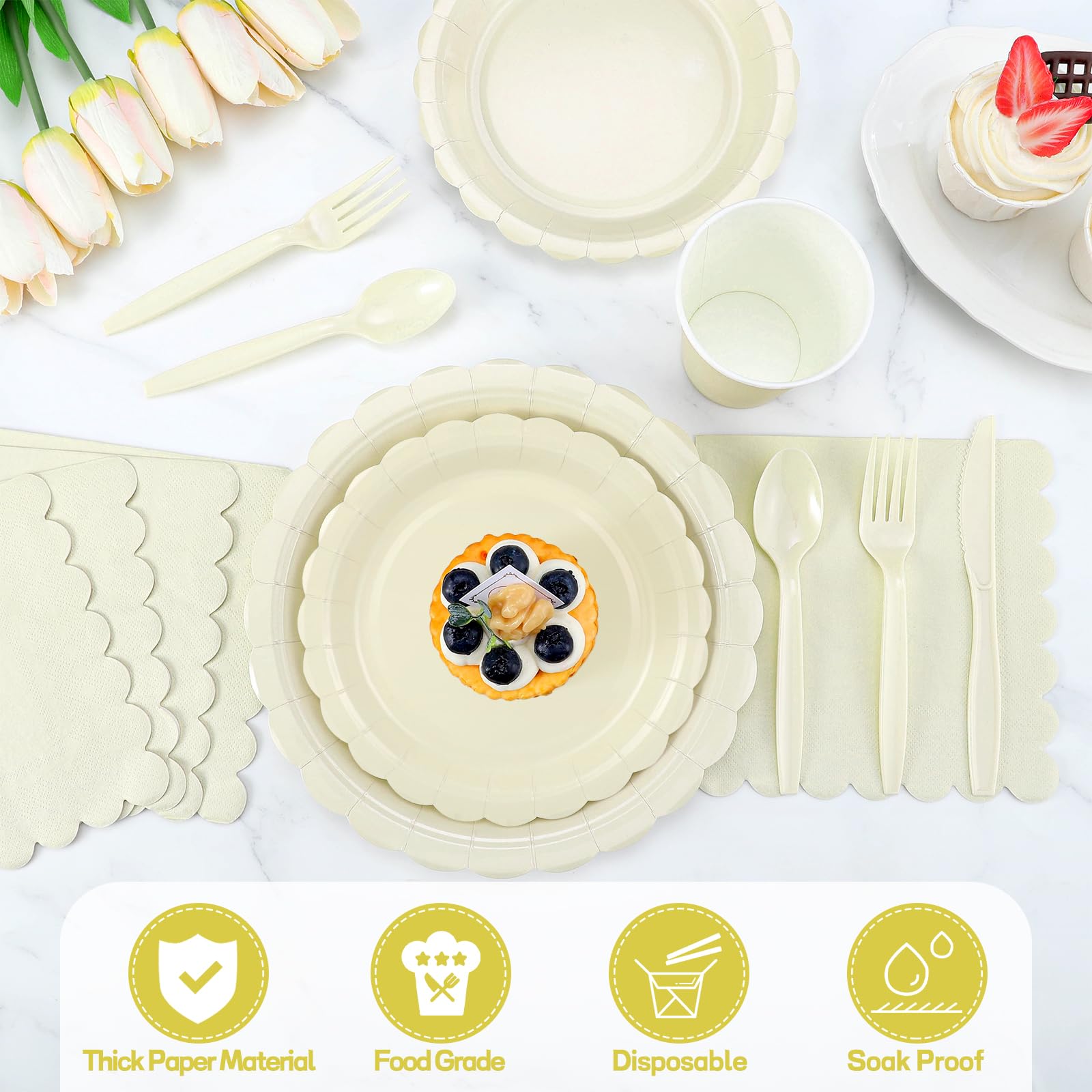 Disposable Dinnerware Sets - Ivory Scalloped Plates & Napkins -3 Disposable Dinnerware Sets - Ivory Scalloped Plates & Napkins -3