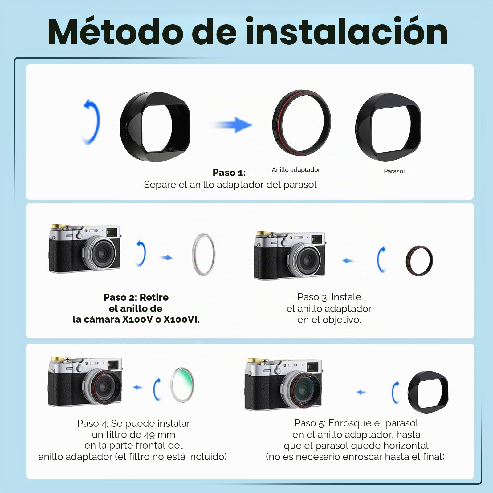 Haoge Parasol cuadrado de metal para Fuji Fujifilm X100VI X100V X100F X100 X100S X100T X70 con tapa de metal y anillo adaptador de 49 mm, color negro