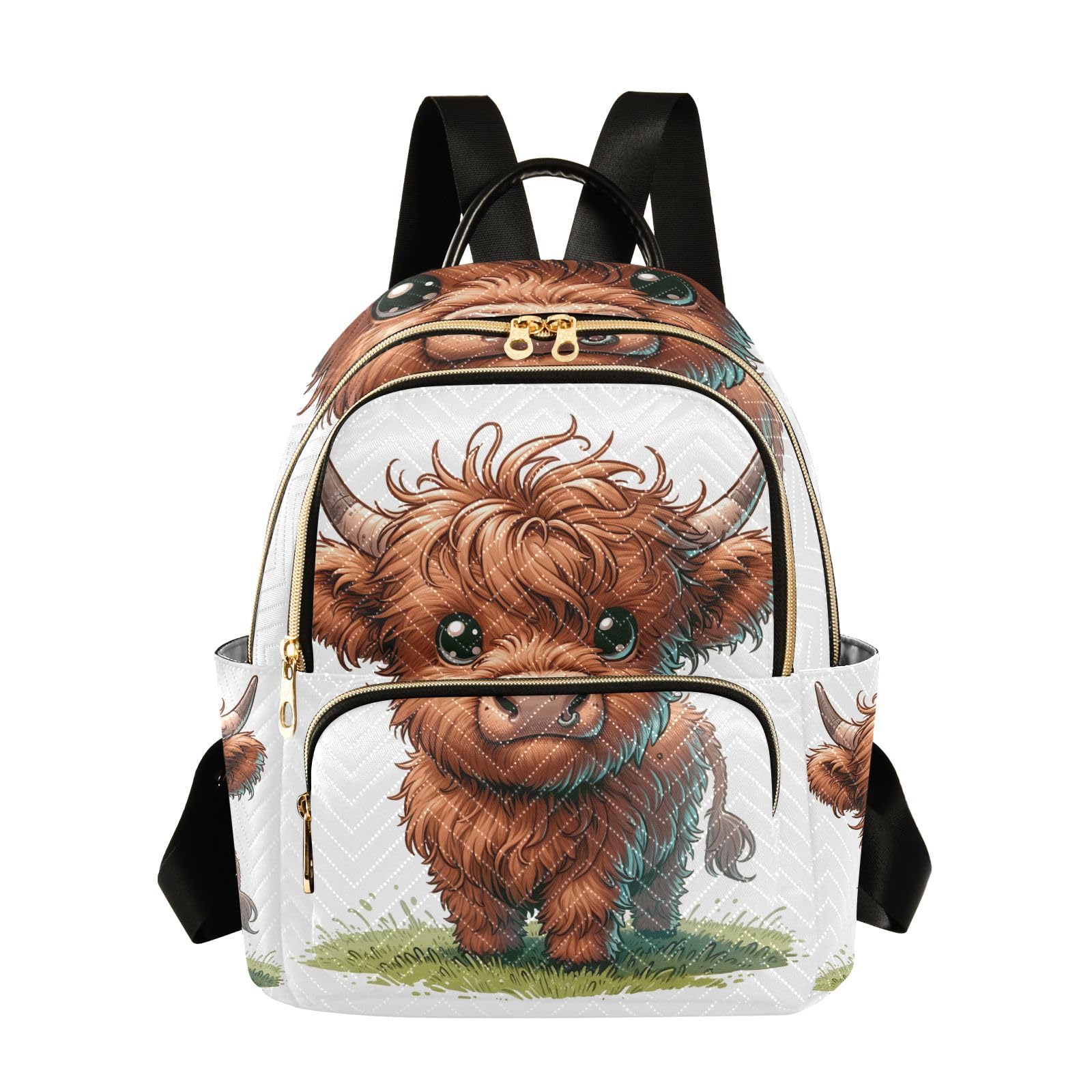 Quilted Backpack for Women Cute Highland Cow on Grass Womens Fashion Backpack Purse Travel Backpack with Luggage Strap