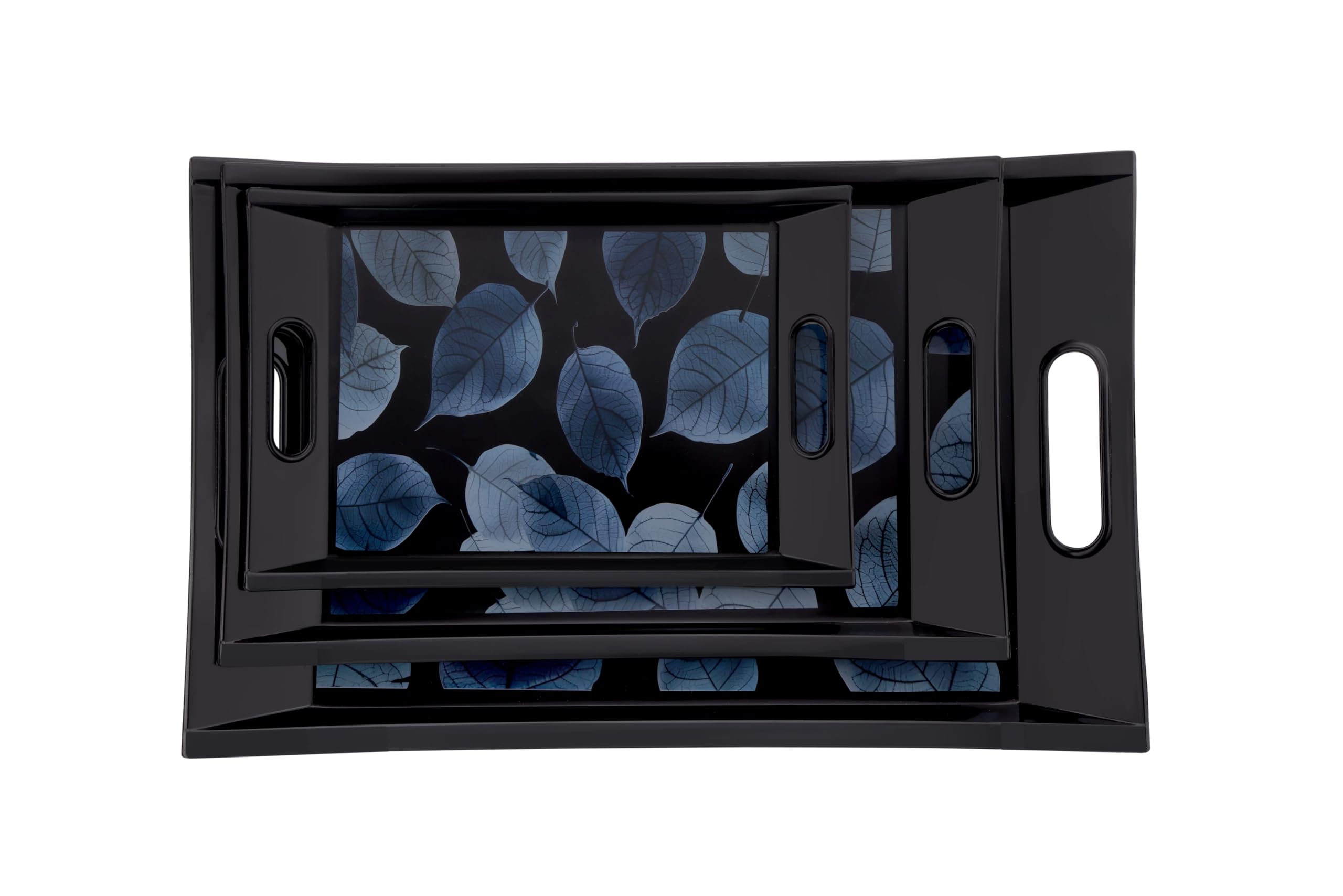 Decorative Serving Trays Set, Black with Blue Leaf Pattern, 3 Nesting Sizes
