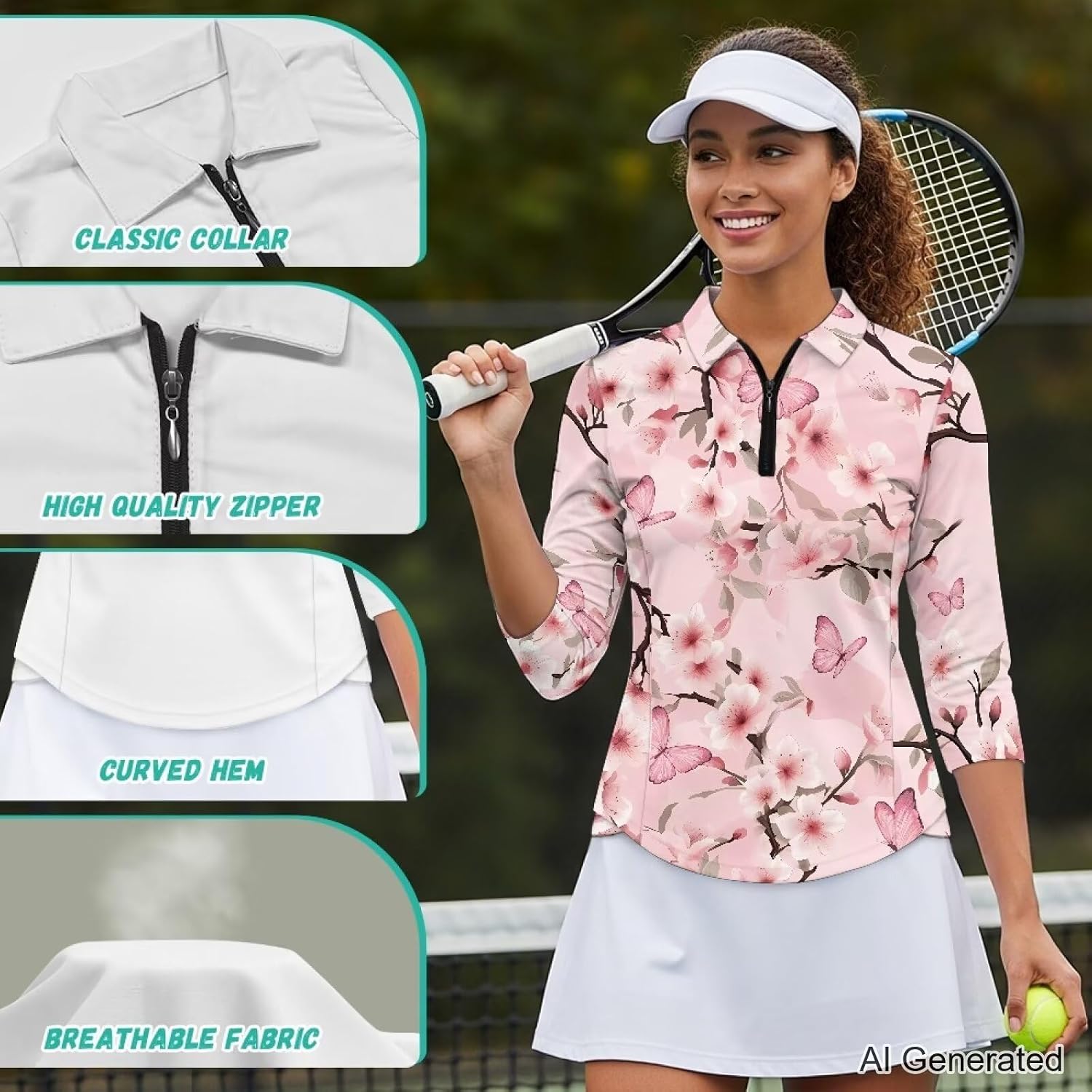 Women’s Golf Polo Shirt Zip 3/4 Sleeve Collared Golf Tops Lightweight Moisture Wicking Tennis Pickleball Activewear