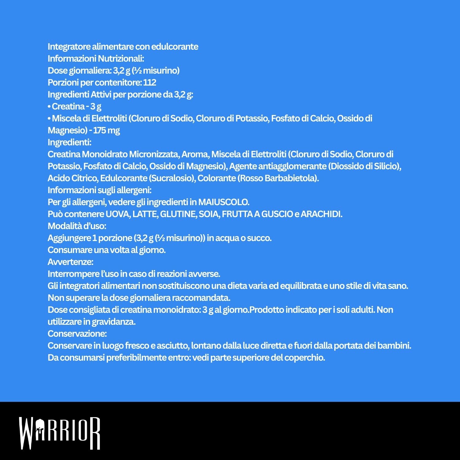 Warrior Creatina Monoidrata + Elettroliti Polvere 360 g, 80 Porzioni – Creatina in Polvere con Sali Minerali, Intra Workout per Massa, Idratazione e Sport, Senza Zucchero – Mix di Frutti di Bosco