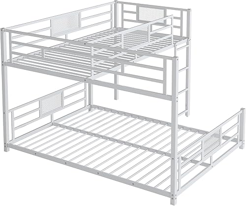 Miniatura 68 de Litera en forma de L individual sobre cama matrimonial adjunta, litera triple de metal con escritorio y tobogán integrados, marco de literas de