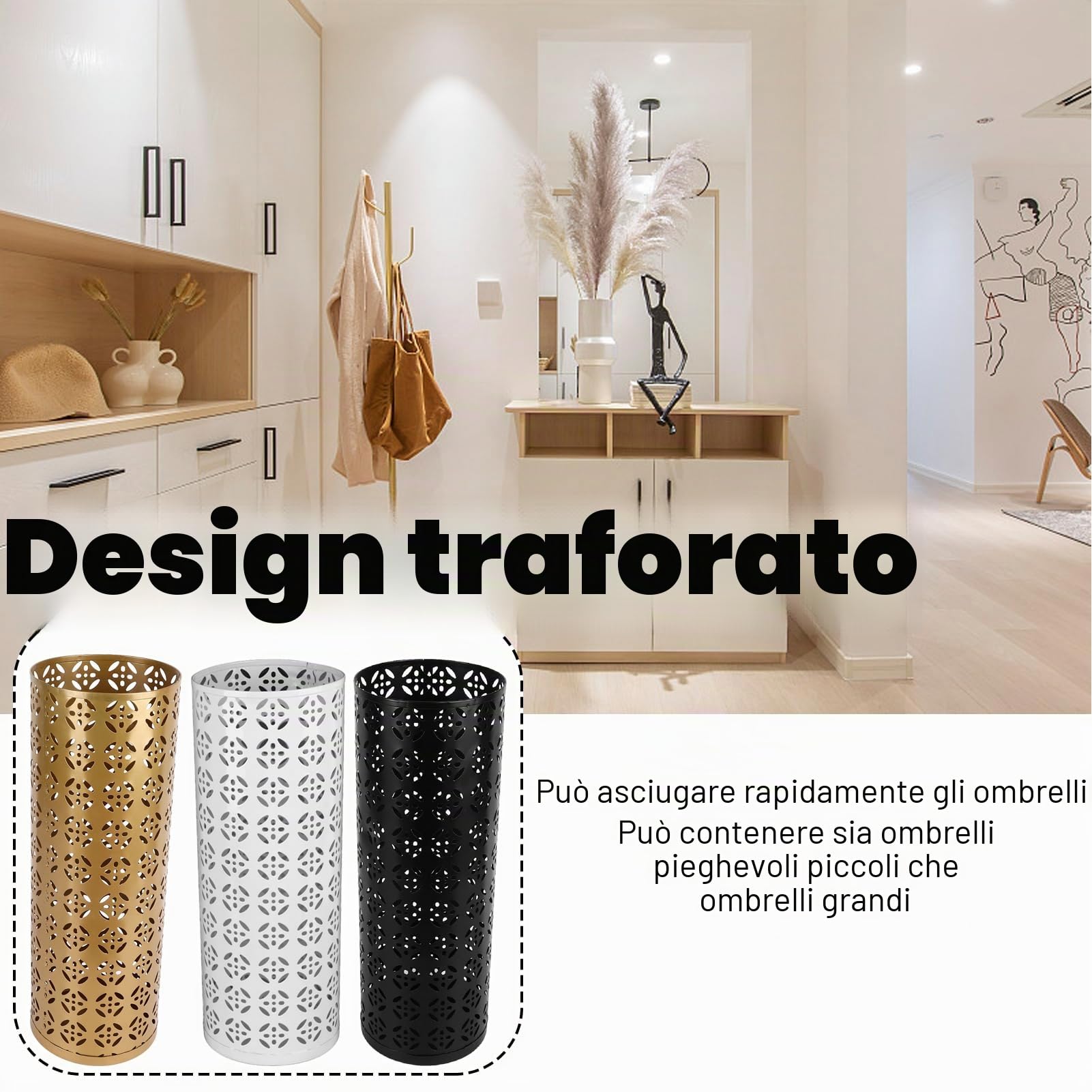 Portaombrelli da interno in metallo, 42x15x15 cm Struttura in rame perforato Portaombrelli in ferro elegante e funzionale per la casa e l'ufficio Mantiene i pavimenti asciutti e in ordine