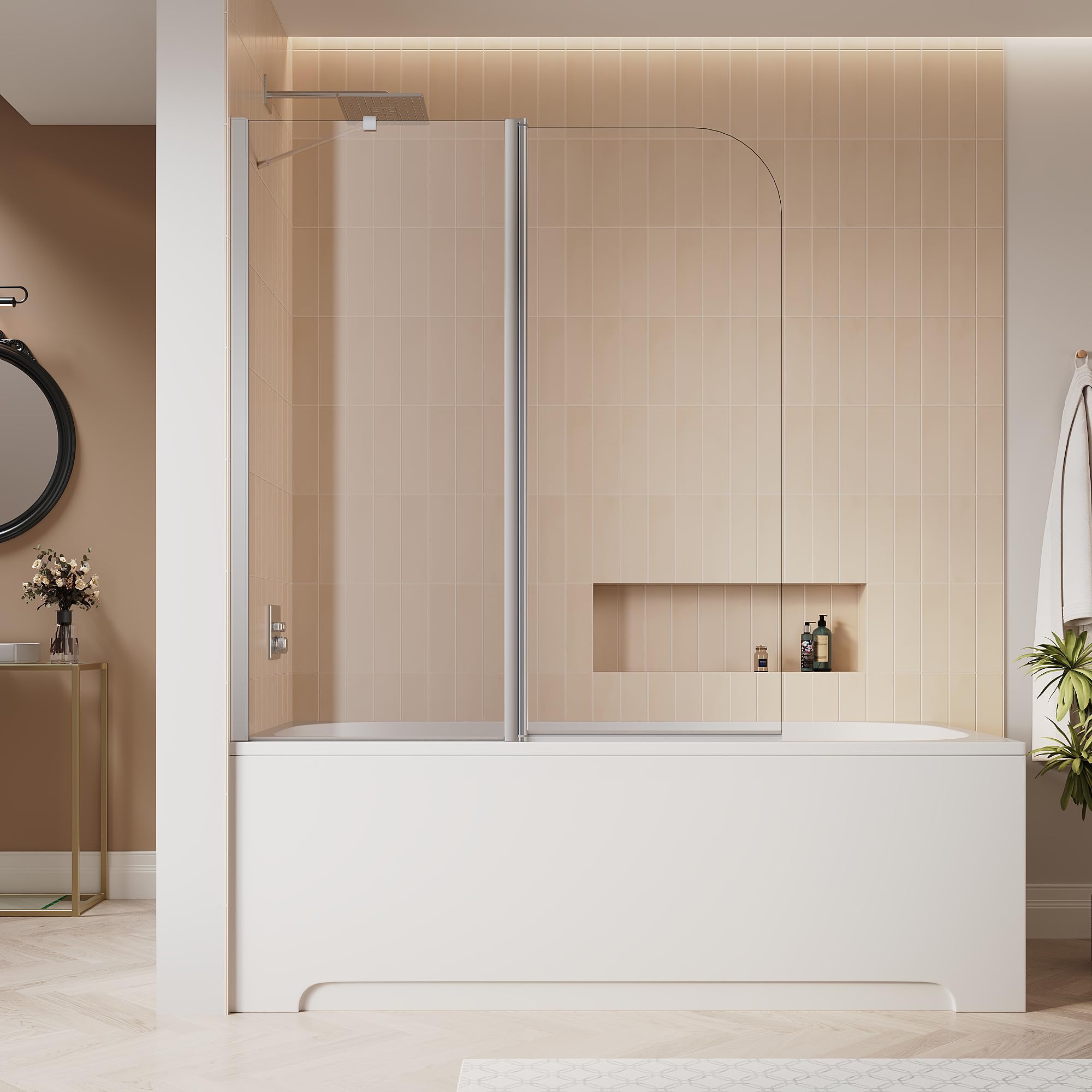 SIRHONA paroi de baignoire 120x140cm, aluminium argenté brillant, paroi de douche rabattable et orientable à 180°, montage à droite ou à gauche, verre trempé 6mm