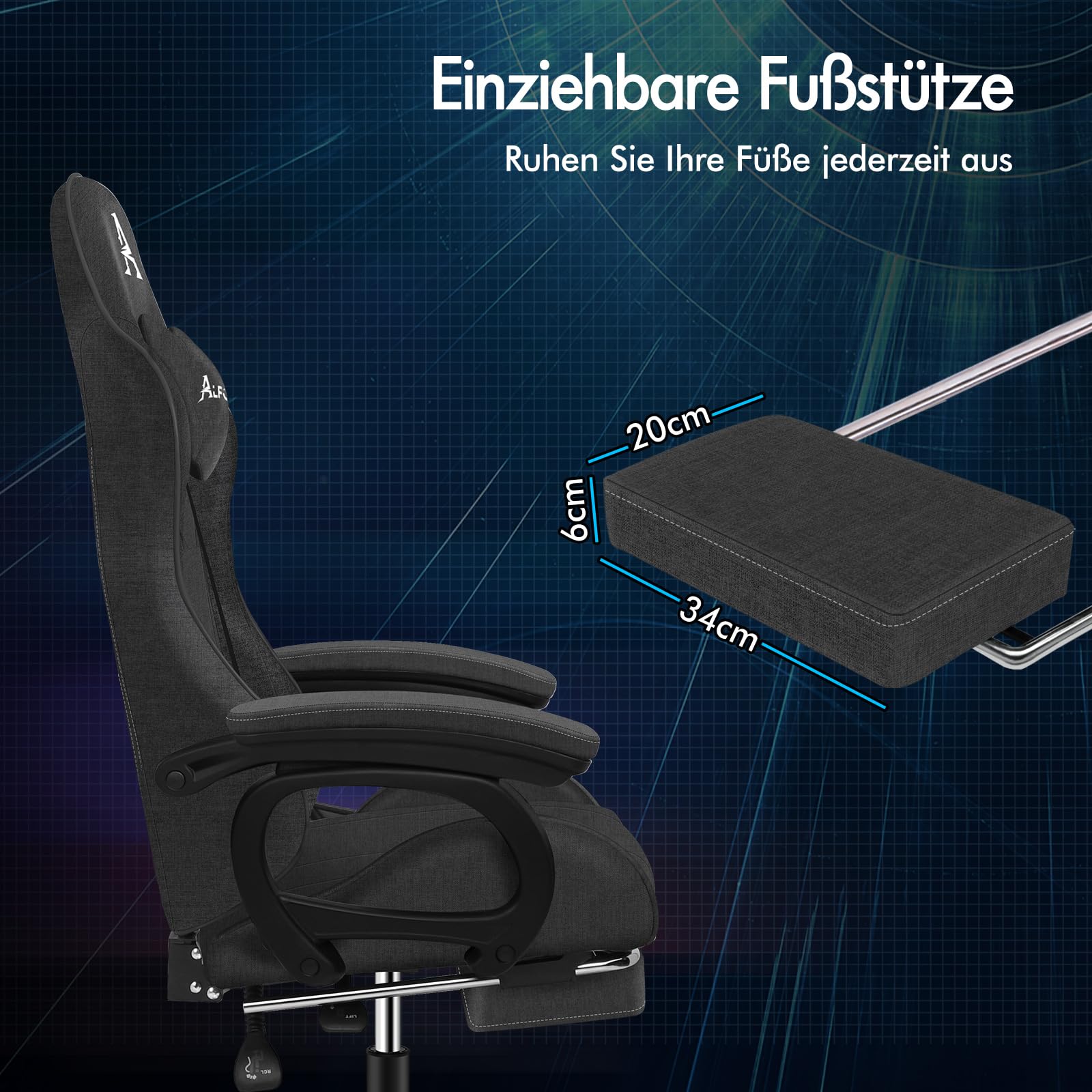 ALFORDSON Gamingstuhl, Bürostuhl, mit 2-Punkt-Massage, Fußstütze, Kopfstütze und Lendenkissen, 150° verstellbare Rückenlehne, Leinen Fabric, Dunkelgrau
