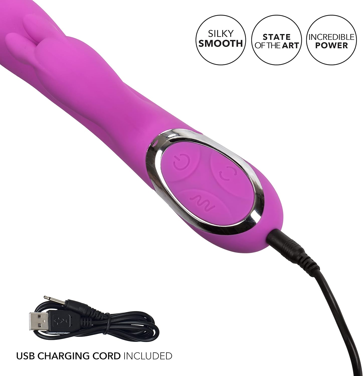 The back of the CalExotics Enchanted Bunny Massager packaging, highlighting features like 12 independent functions, memory chip, body-safe silicone, and waterproof design.