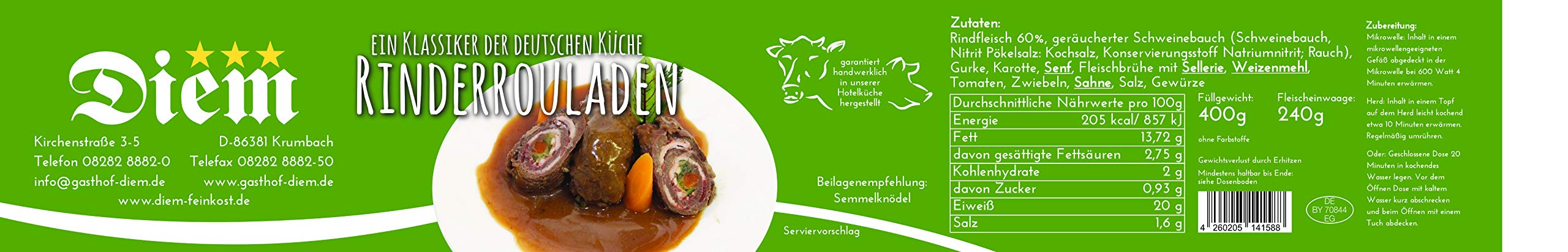 4 X Set - Konserve Diem Roulade vom Rind - Klassisch gefüllt - zwei Rouladen je Konserve - lange haltbar - Feinkost -