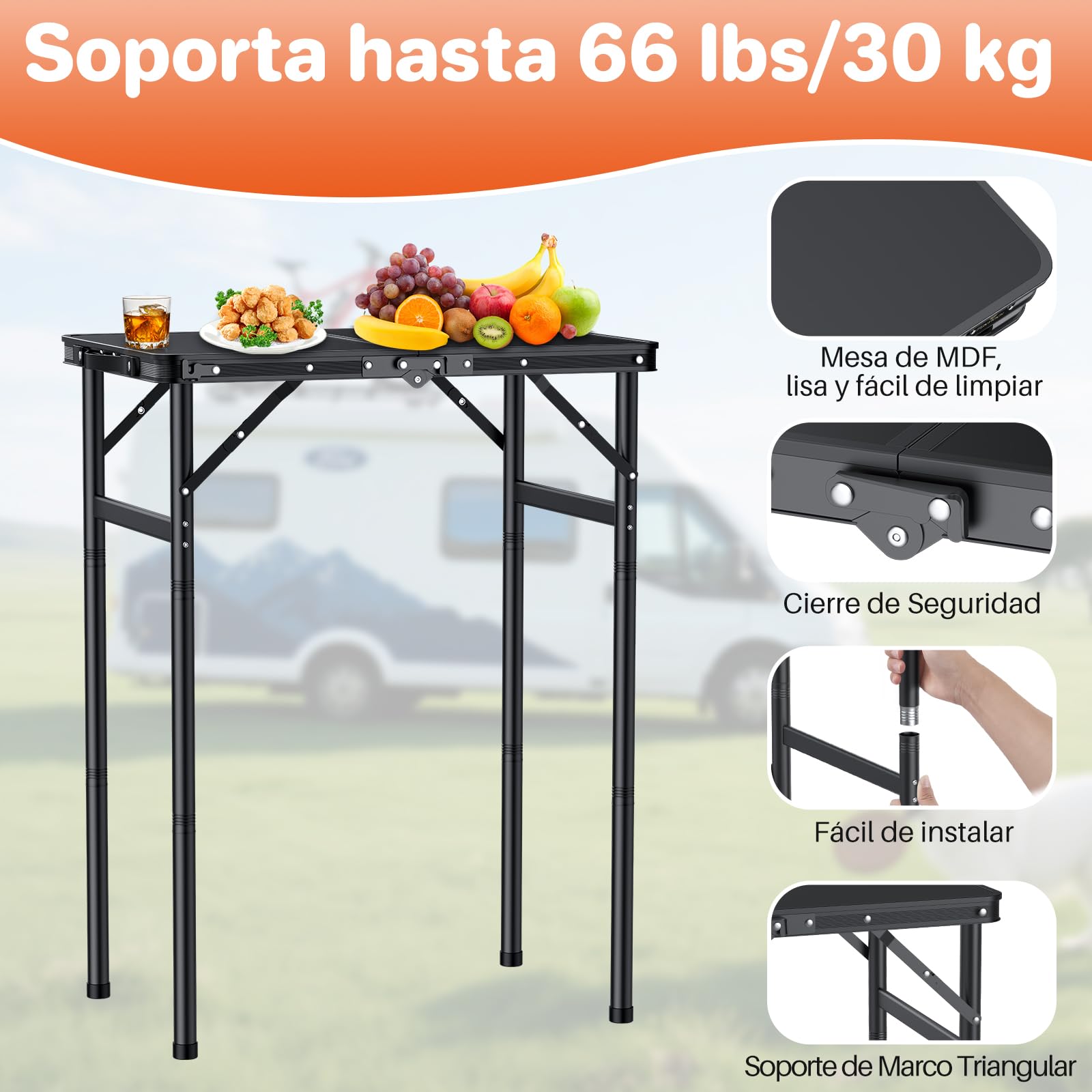 FUNYKICH Mesa Plegable Camping con Rosca 60x40cm 3 Alturas Ajustables (27/51/75cm), Mesa Plegable Portátil Aluminio, Panel de MDF, Ligera y Duradera,Bolsa de Almacenamiento, para Camping,Pesca,Hogar