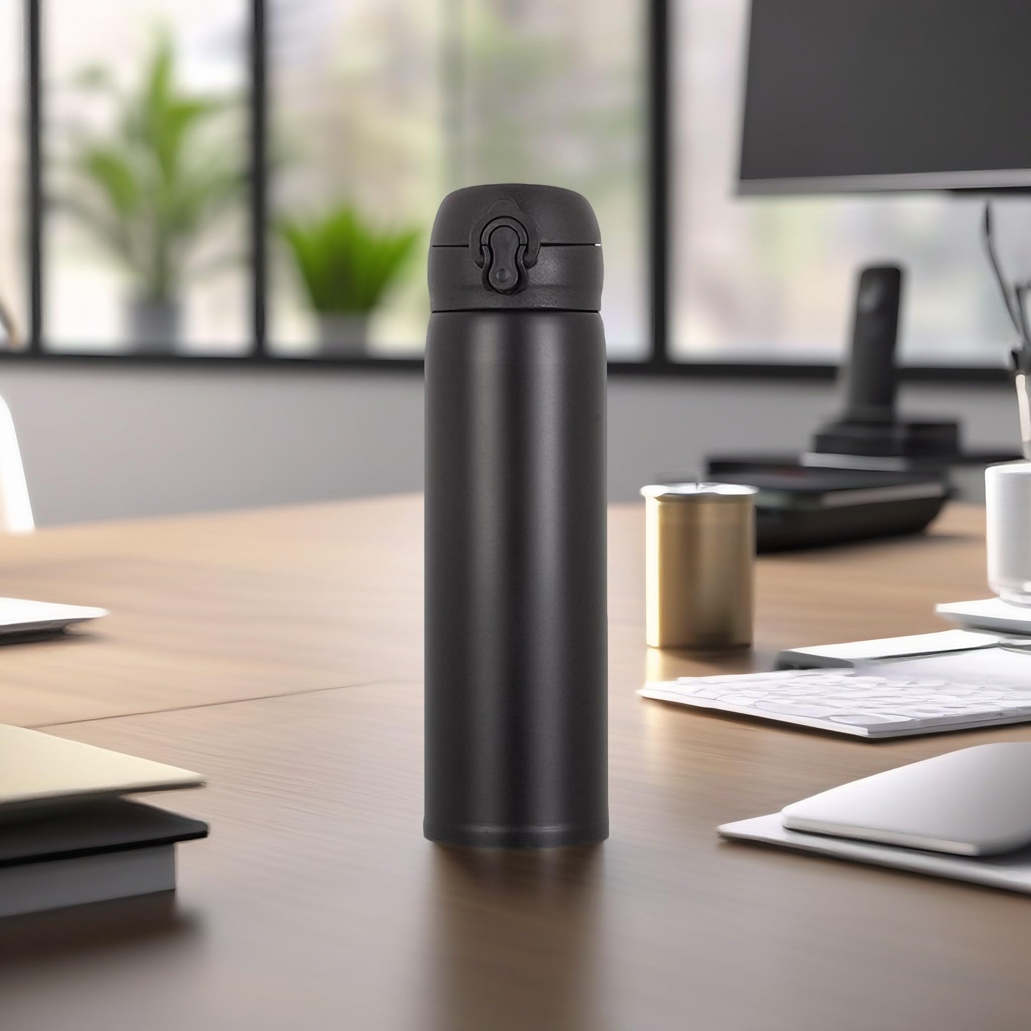 17oz Black Insulated Water Bottle Stainless Steel, Perfect for School & Coffee, BPA-Free Double Wall Metal Thermal Bottles, Push Button Lid, Leakproof No Leak 17oz Capacity, Camping Cups Tumbler