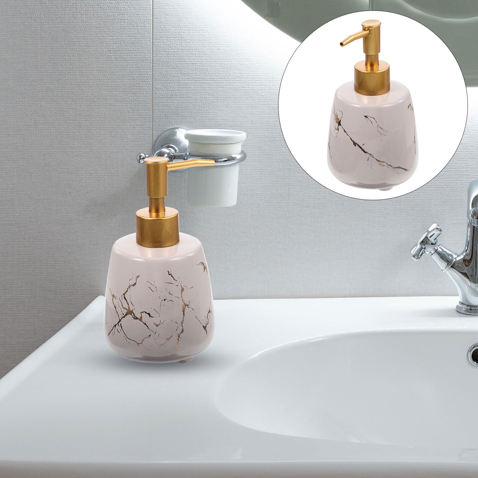 Dispenser di Sapone in Ceramica Ricaricabile Pompa a Pressione Bottiglia per Lozione da Bagno e Cucina Design Grigio Marmo Resistente alla Rottura per Uso Domestico e Regali