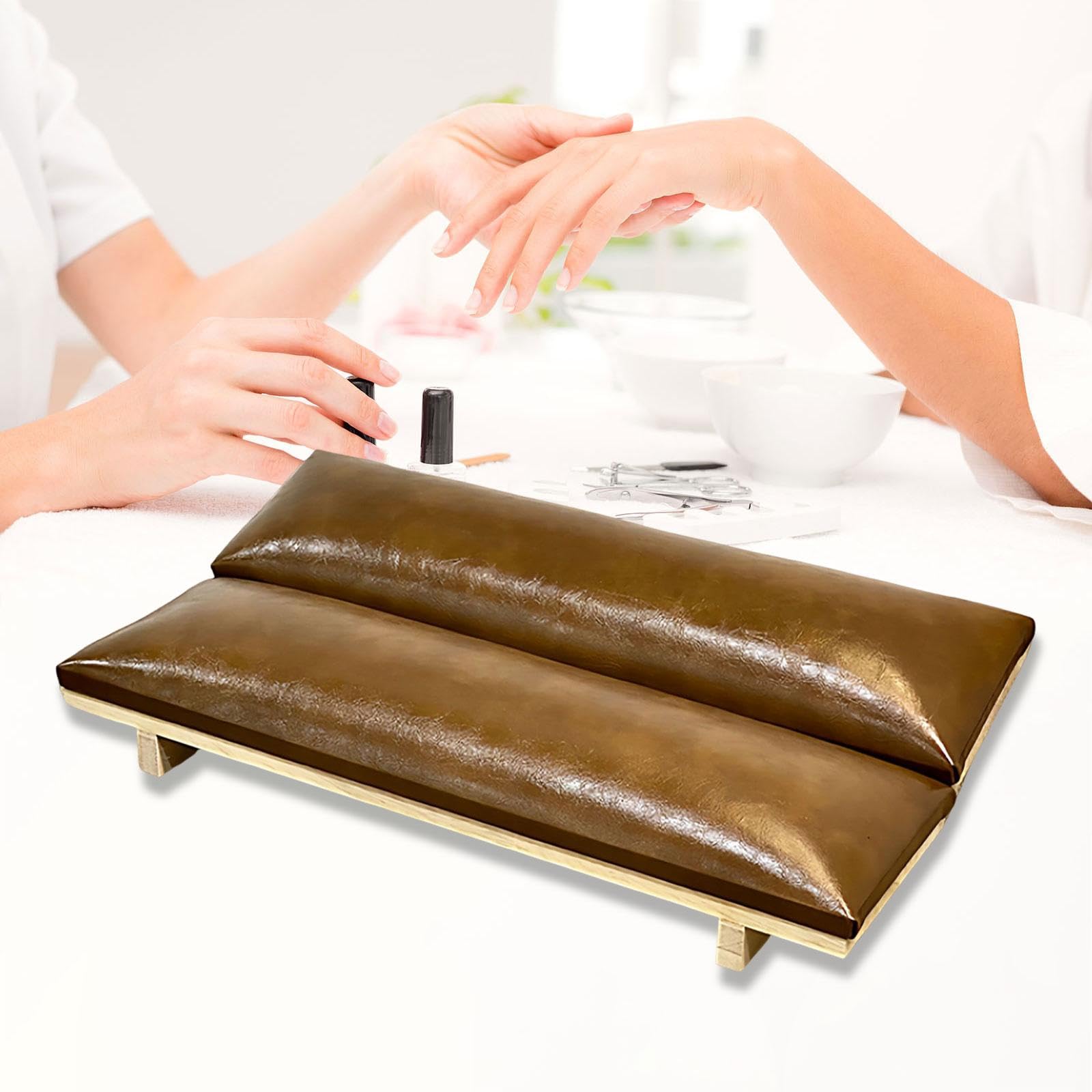 Reposabrazos para Manicura, Almohada para Descansar Las Manos, Accesorio para Ahorrar Espacio, Base Ergonómica de Madera Resistente para Salón, Marrón Oscuro