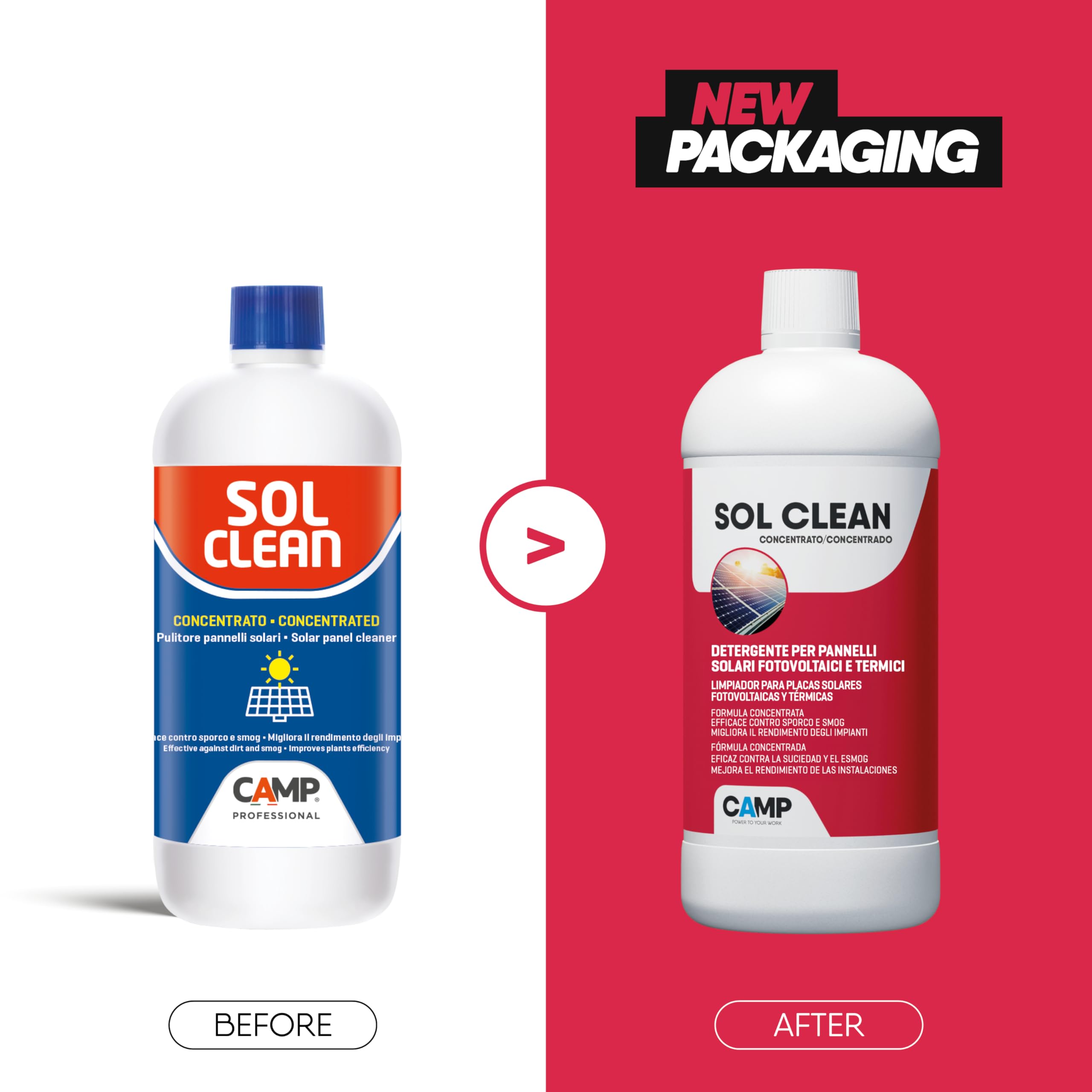 CAMP Sol Clean Concentrato - Detergente per Pannelli Solari, Pulizia Pannelli Fotovoltaici ad Asciugatura Rapida - Rimuove Sporco, Polveri, Smog e Calcare e Migliora il Rendimento Energetico, 3x1L