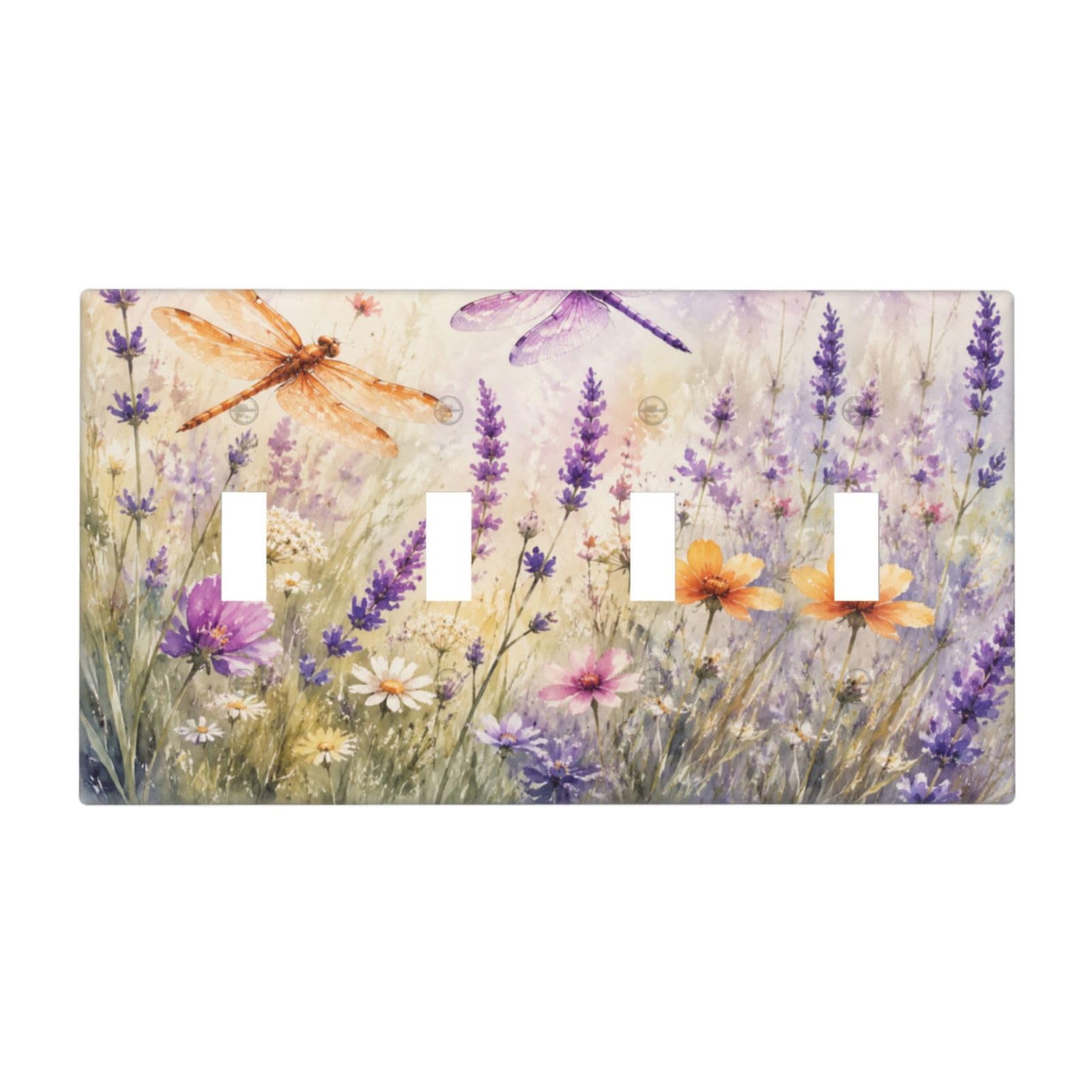 Dwbguo Decorative Light Switch Plate Covers Watercolor Dragonfly Lavender Floral 4 Gang Artistic Wall Plate Unique Vintage Purple Flower Quad Toggle Light Switch Covers for Bedroom Home Decor