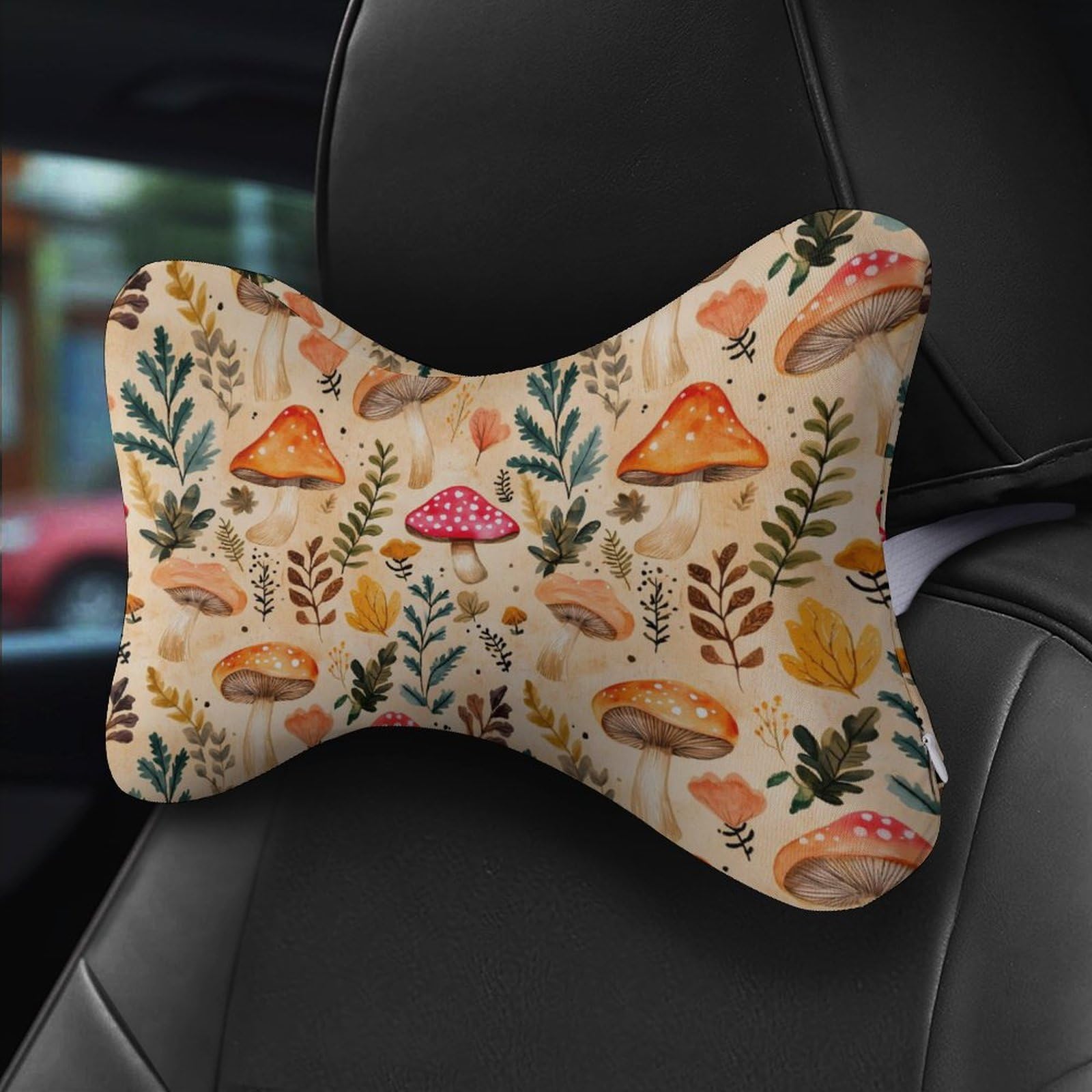 SMAZDFXX Mushroom Car Neck Pillow Set of 2 Car Seat Head Support Cushion Bone Pillows with Elastic Strap