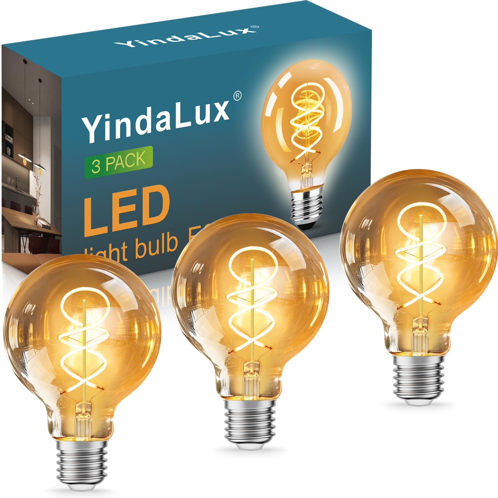 YindaLux Glühbirne E27 LED Warmweiss 2200K Filament Lampe Edison Vintage Leuchtmittel 4W Energiesparlampe Retro Birne Deko für Haus Café Bar 3er G80 Nicht Dimmbar