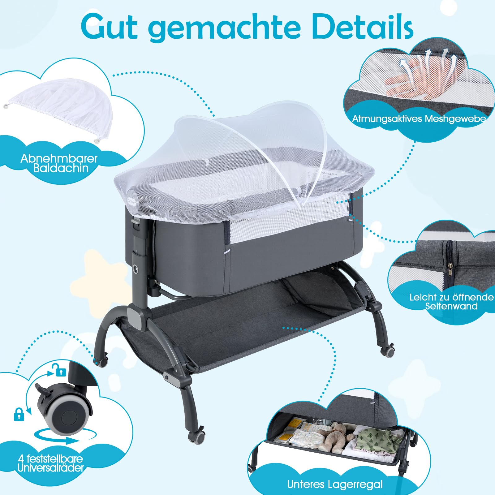 COSTWAY 3 in 1 Beistellbett mit Mosktionetz, Reisebett Baby mit Matratze, Babybett 7 Fach höhenverstellbar mit Tragetasche, Aufbewahrungskorb, Stubenwagen für Baby bis 9 Monate (Grau)