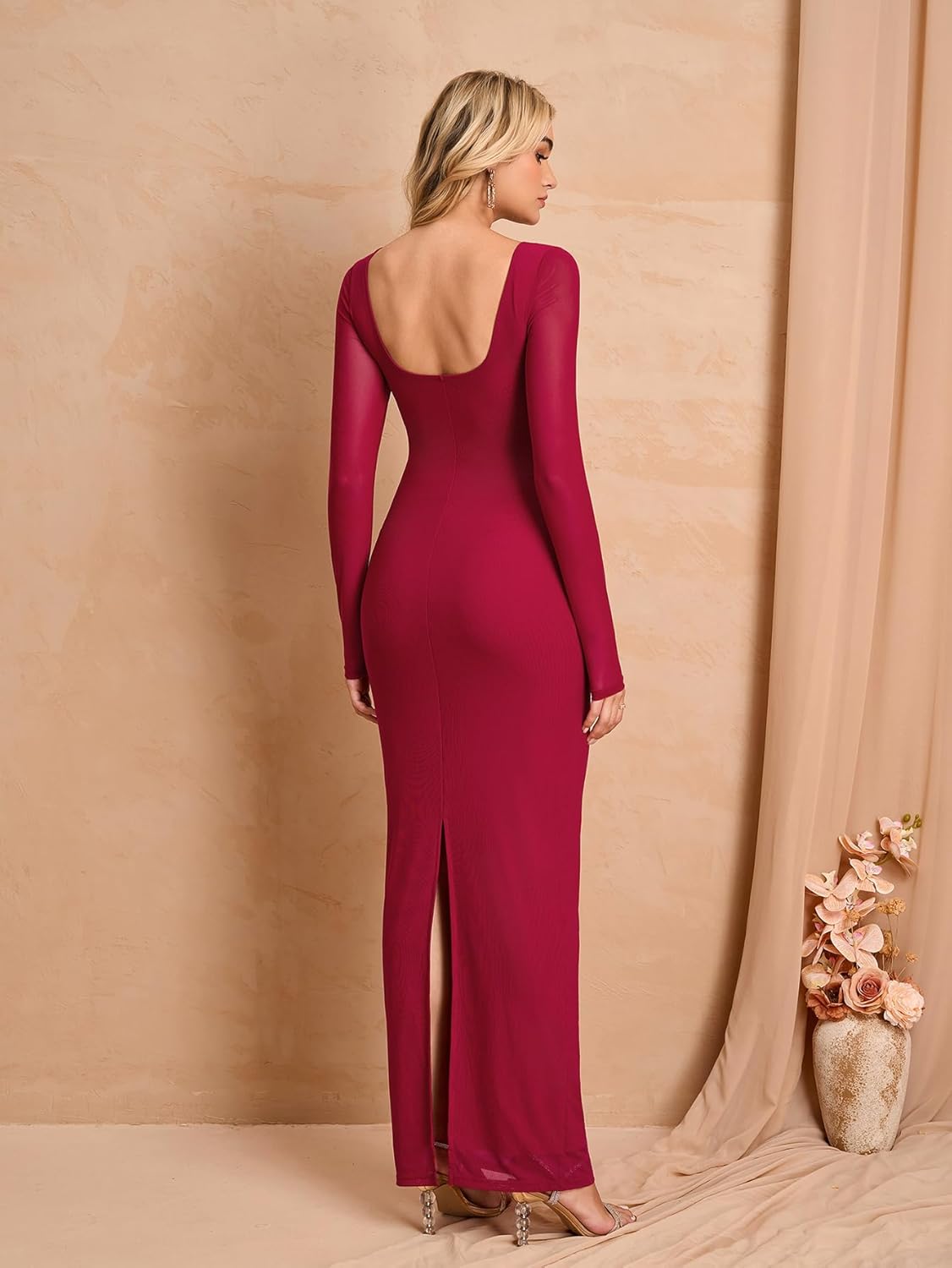 HTZMO Women Fall Long Sleeve Bodycon Maxi Dress Sexy V Neck Wedding Guest Formal Party Elegant Long Dresses - Image 2