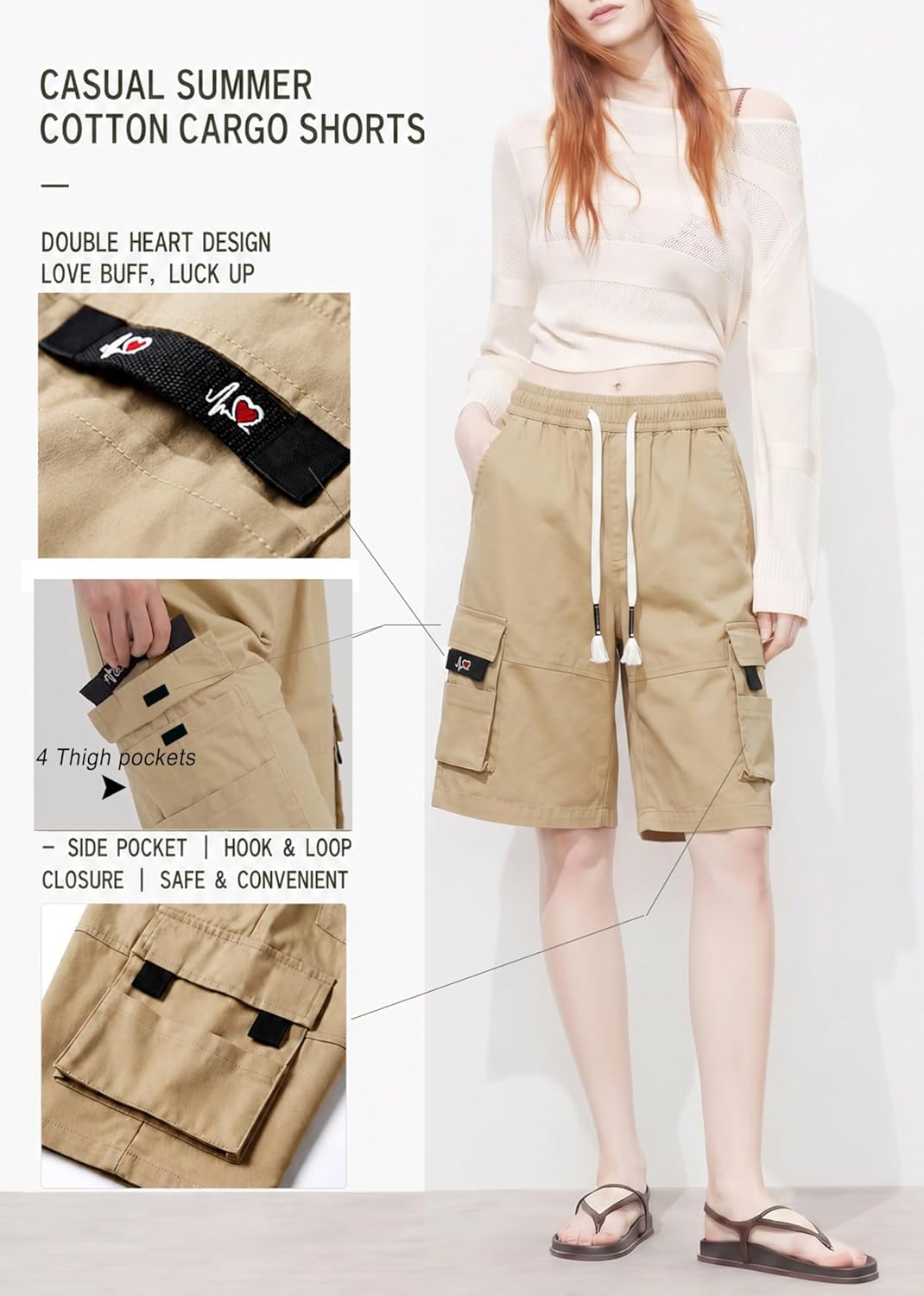 VtuAOL Women's Cargo Shorts Elastic Waist Comfy Cotton Loose Fit Shorts