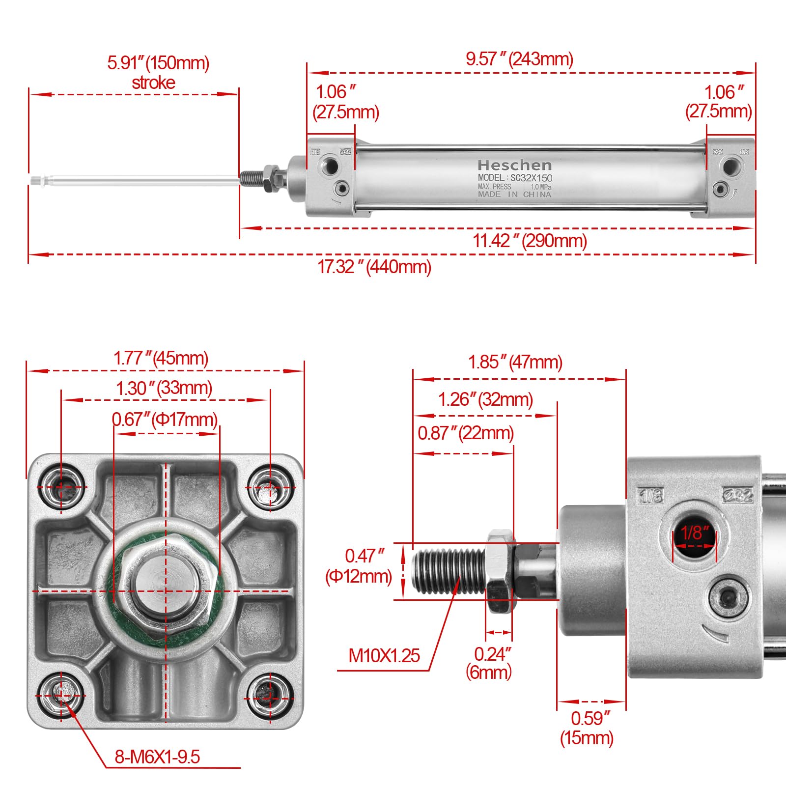 Heschen Vérin pneumatique Standard, SC 32-150, PT1/8'' Port, Alésage 32mm, Course 150mm, Double effet