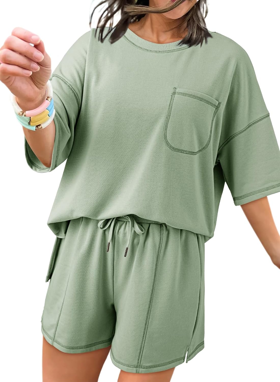 Dokotoo Summer Two Piece Sets for Women Casual Short Sleeve Shirts and Drawstring Shorts Lounge Sets