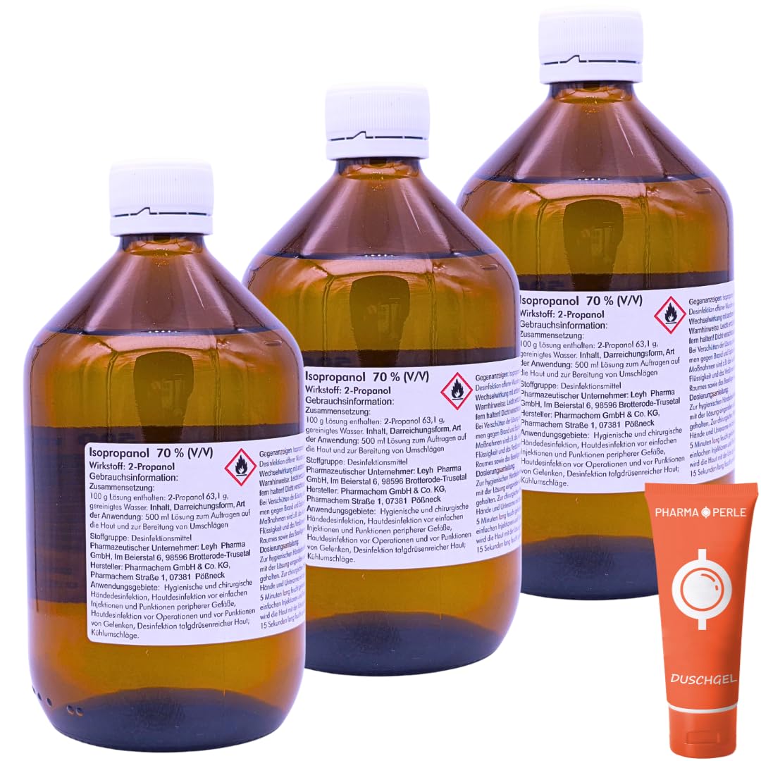 Isopropanol 70% 3x 500 ml I Lösung zur Hautpflege & Handreinigung I Für Kühlumschläge I Für Praxis, Haushalt & unterwegs I Rückstandsfrei & schnell trocknend I Spar-Set plus Pharma Perle give-away