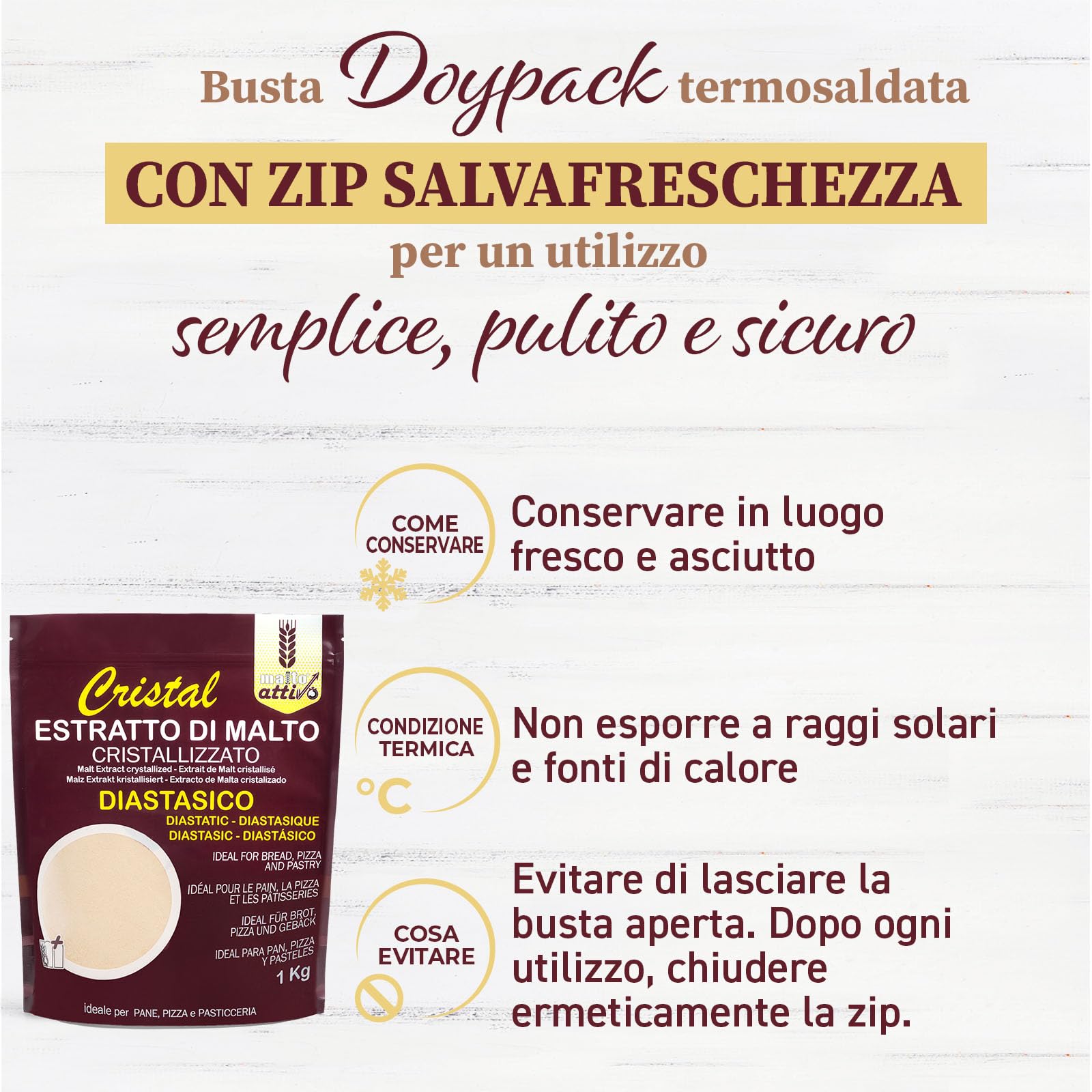 Malto Attivo, Cristal Diastasico 1000g, Estratto di Malto Cristallizzato ad Elevato Potere Diastasico, Malto d’Orzo e Mais Ideale per Panificazione, 5.000 Unità Pollak, Made in Italy.