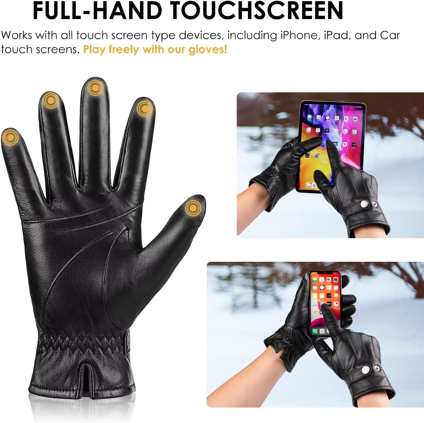 Genuine Sheepskin Leather Winter Warm Thinsulate Touchscreen Driving Motorcycle Gloves - Image 3