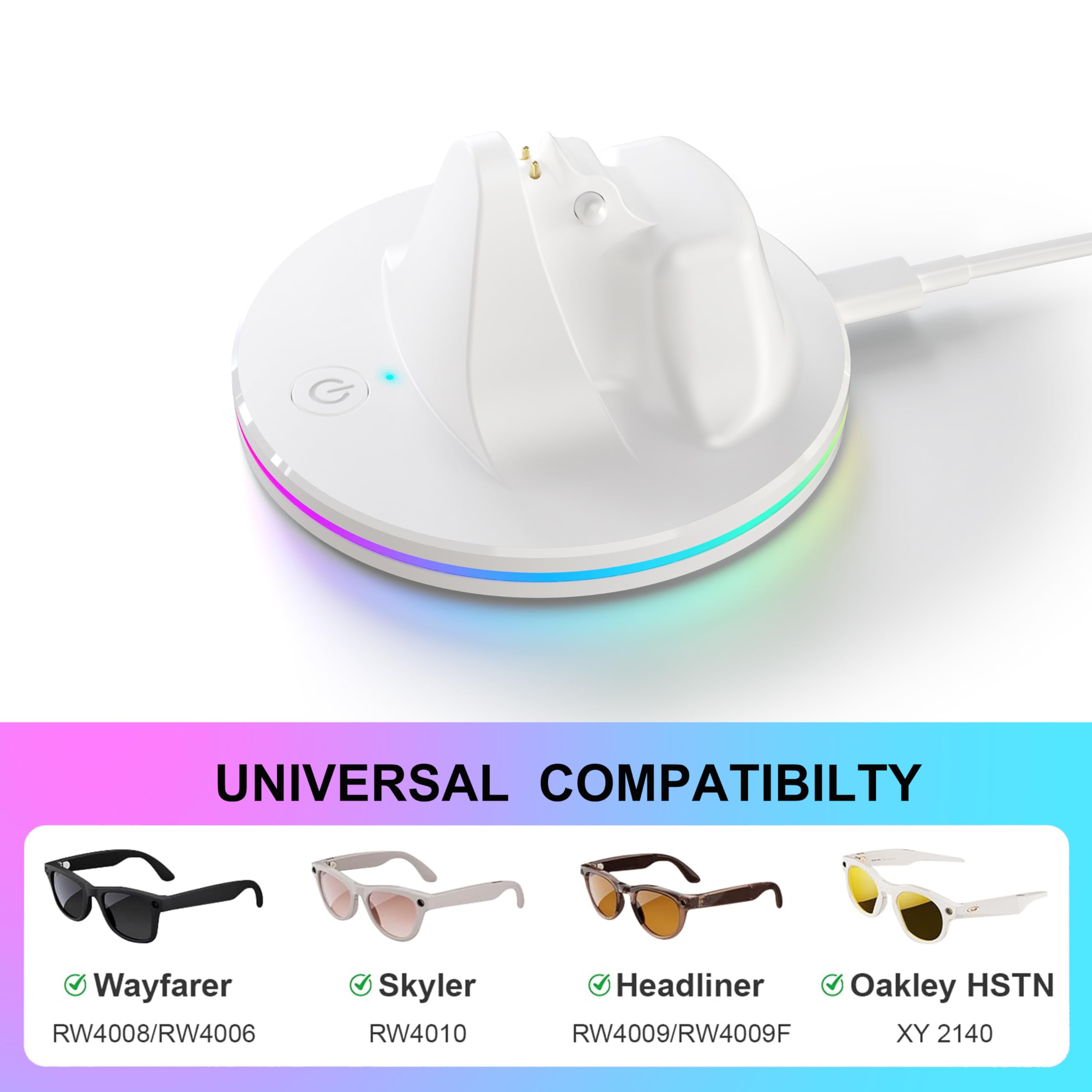 Estación de carga para gafas Meta Ray-Ban, compatible con Wayfarer Gen 2, Skyler, Headliner y Oakley HSTN, indicador LED, iluminación RGB, cargador de gafas (blanco)