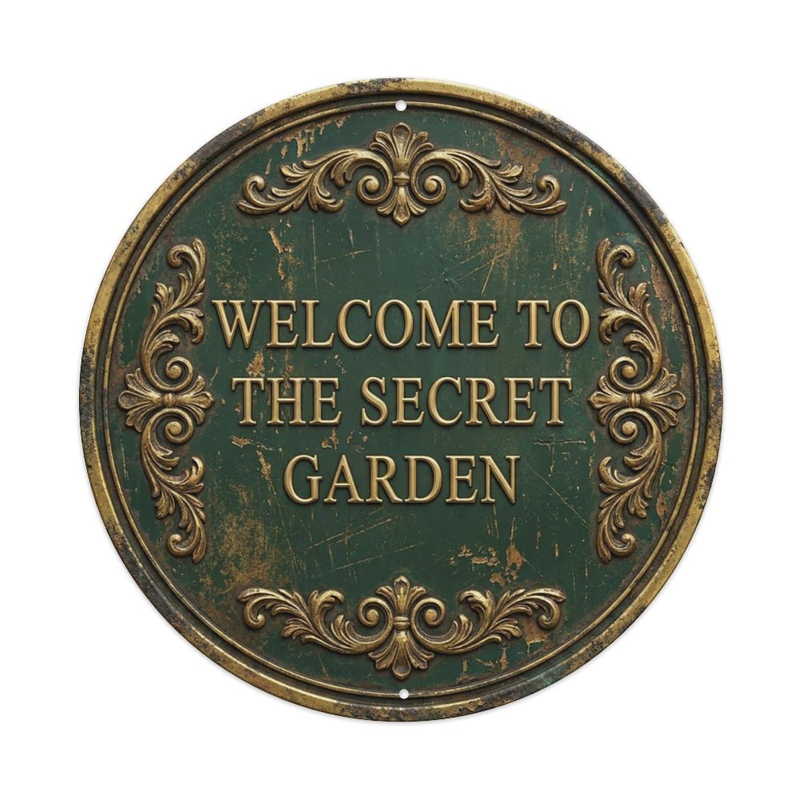 Vintage Welcome Secret Garden Gold Spruce Ornate Metal Tin Sign