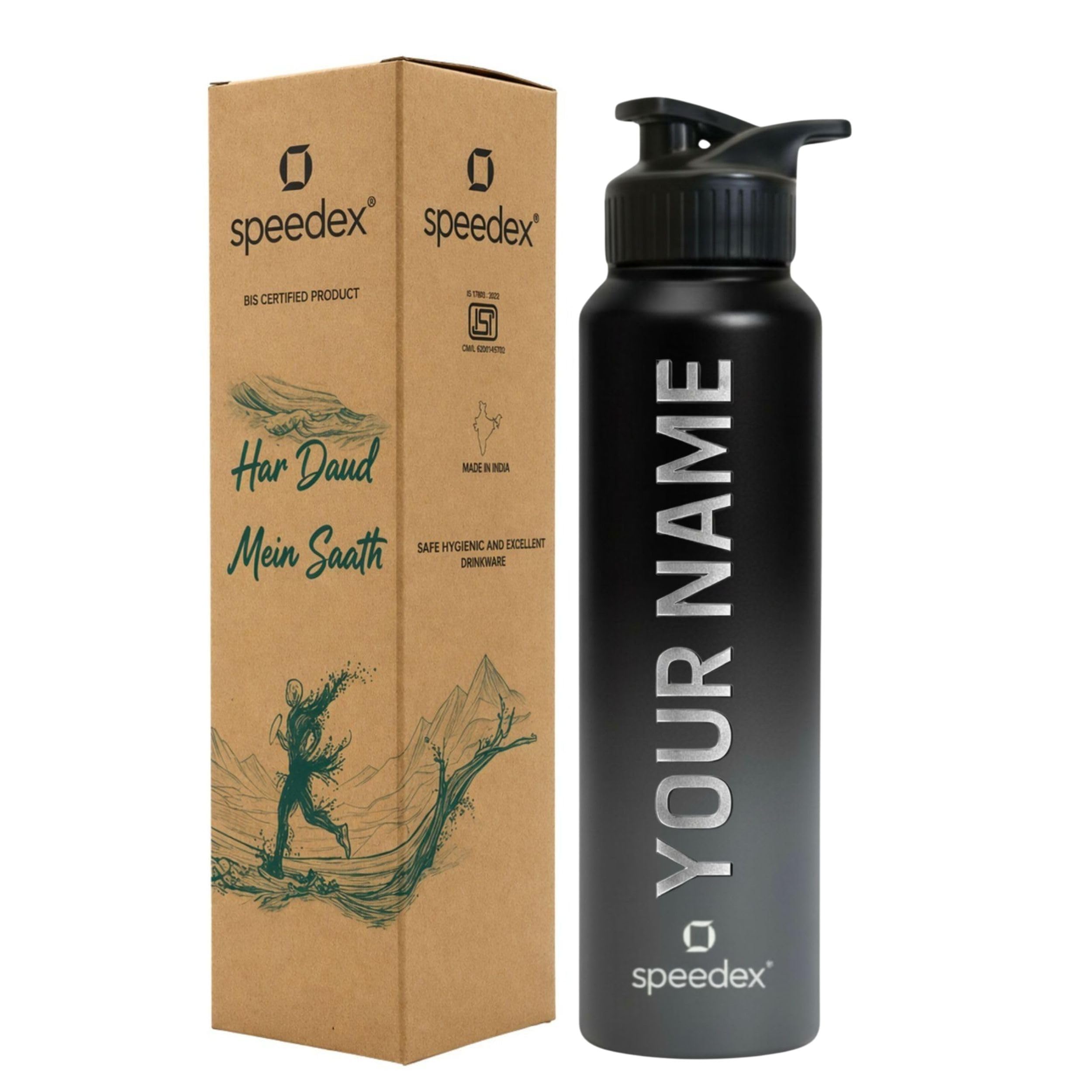 Speedex Customised Stainless Steel Water Bottle 1 Ltr with Name – Personalised Engraved Sipper Cap Bottle for Kids, Men & Women, School, Gym, Office Black Grey, Set of 1 discount deal