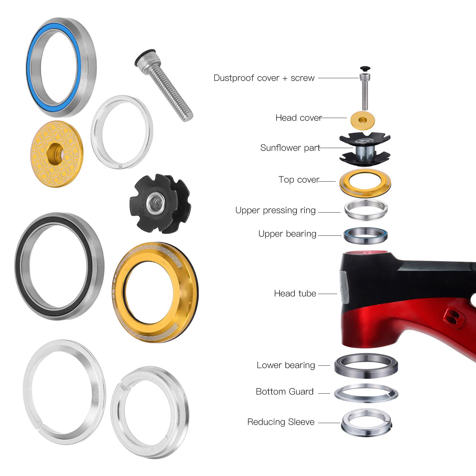 Alomejor Bike Headse Viaron 42 X 52 Mm Rennrad Gabel Vorbau Steuersatz Fahrrad Vorbau Steuersatz wasserdichte Fahrrad Lagerschale Gruppe(Gold) : 