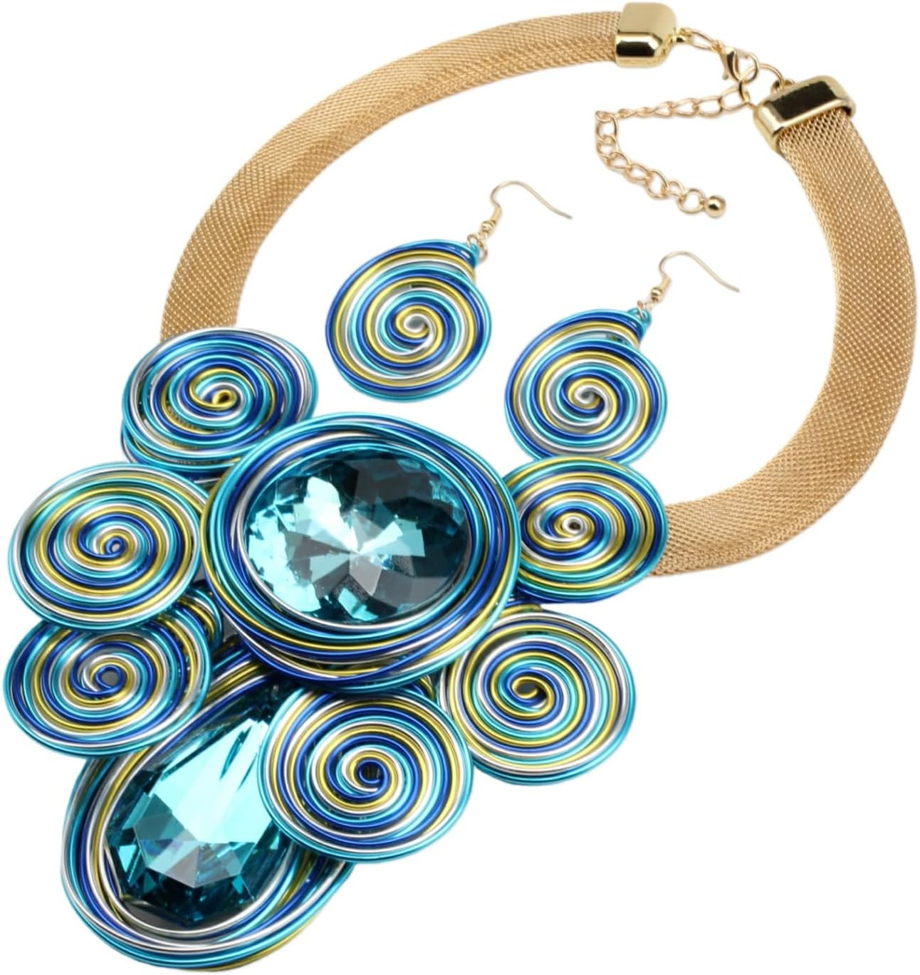 Big Crystal Pendant Necklace Earrings Set for Women Chunky Statement Flower Festival Gold Color Metal Chain Ethnic Tribal Jewelry - Image 4