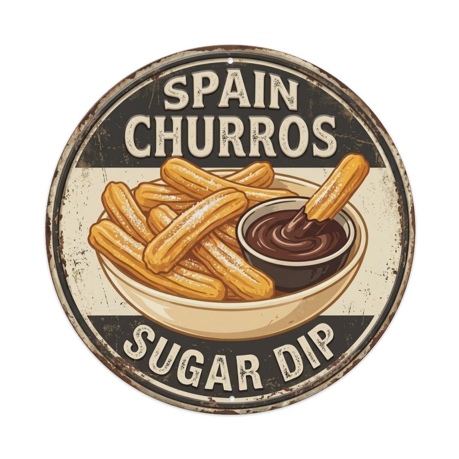 Churros Sugar Dip Spain Treat Metal Tin Sign Plaque Wall Decor for Cafe, Club, Garden Round Metal Poster 8x8Inch