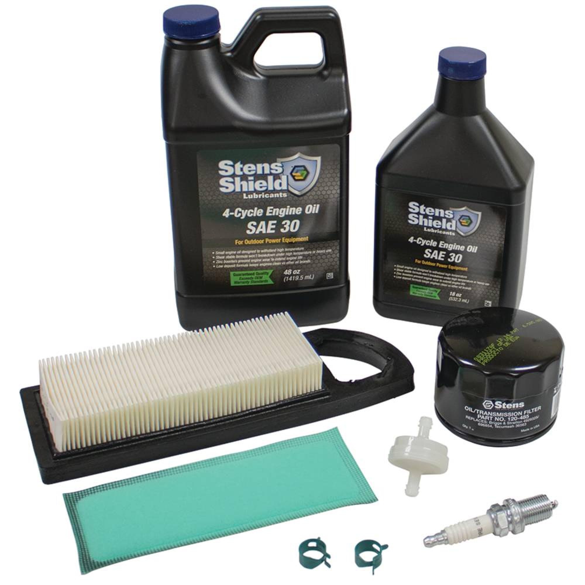 Stens 785-521 Engine Tune-Up/Maintenance Kit showing all components: two bottles of SAE 30 engine oil, an air filter, an oil/transmission filter, a fuel filter, a spark plug, and two fuel line clamps.