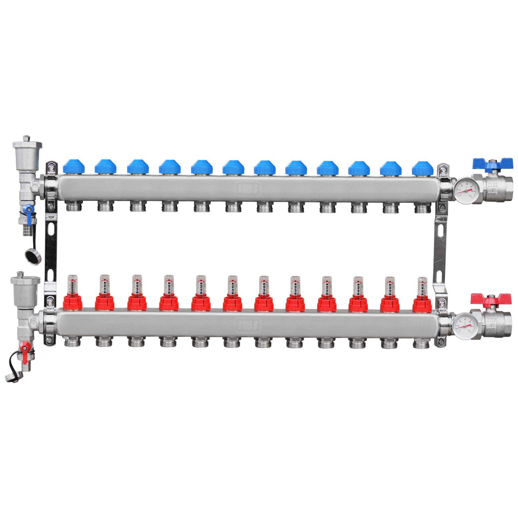 Distribuidor de circuito de calefacción de acero inoxidable, para suelo radiante, indicador de caudal, circuitos de calefacción: 12 circuitos