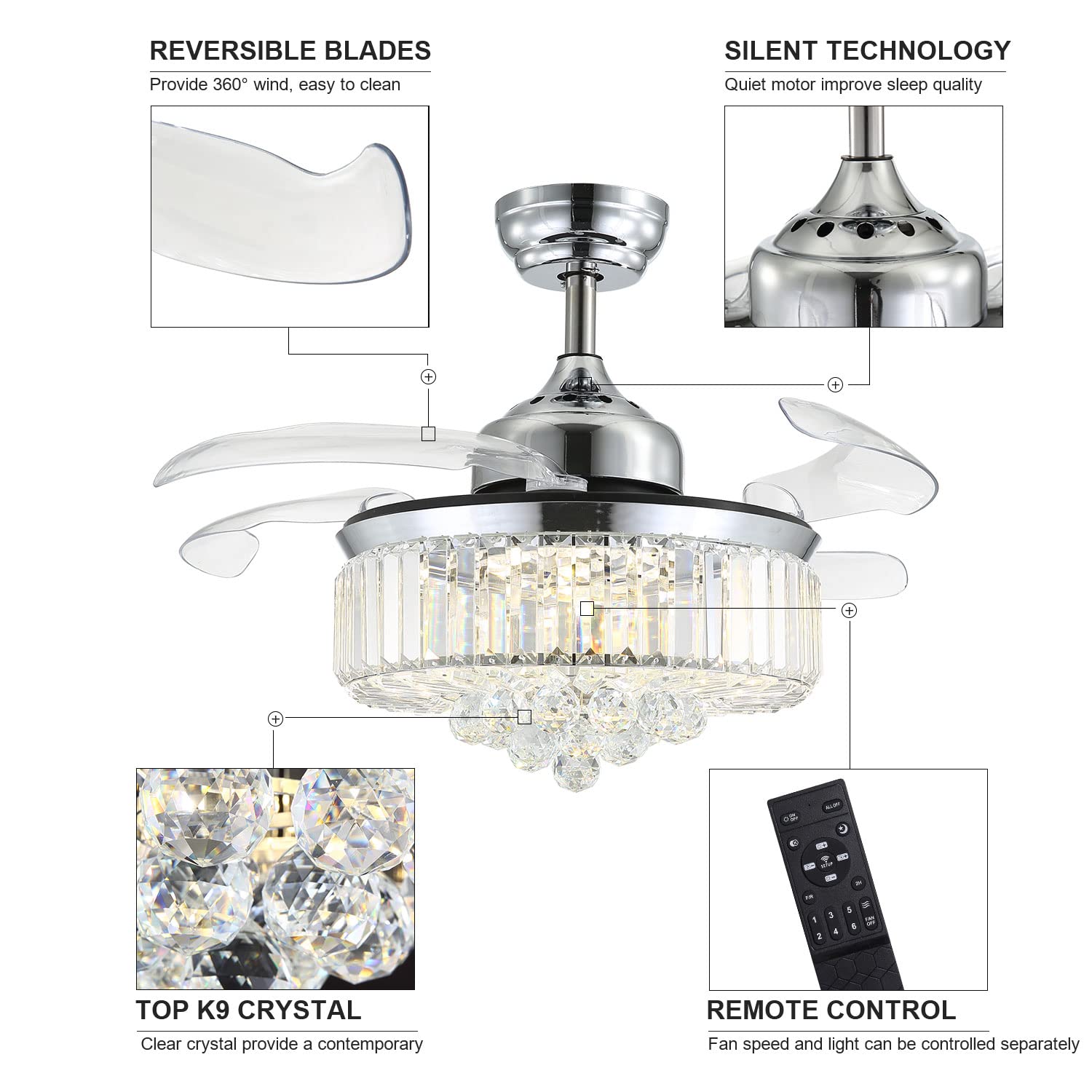 7PM Modern Crystal Ceiling Fan with Light Retractable Blades Chandelier