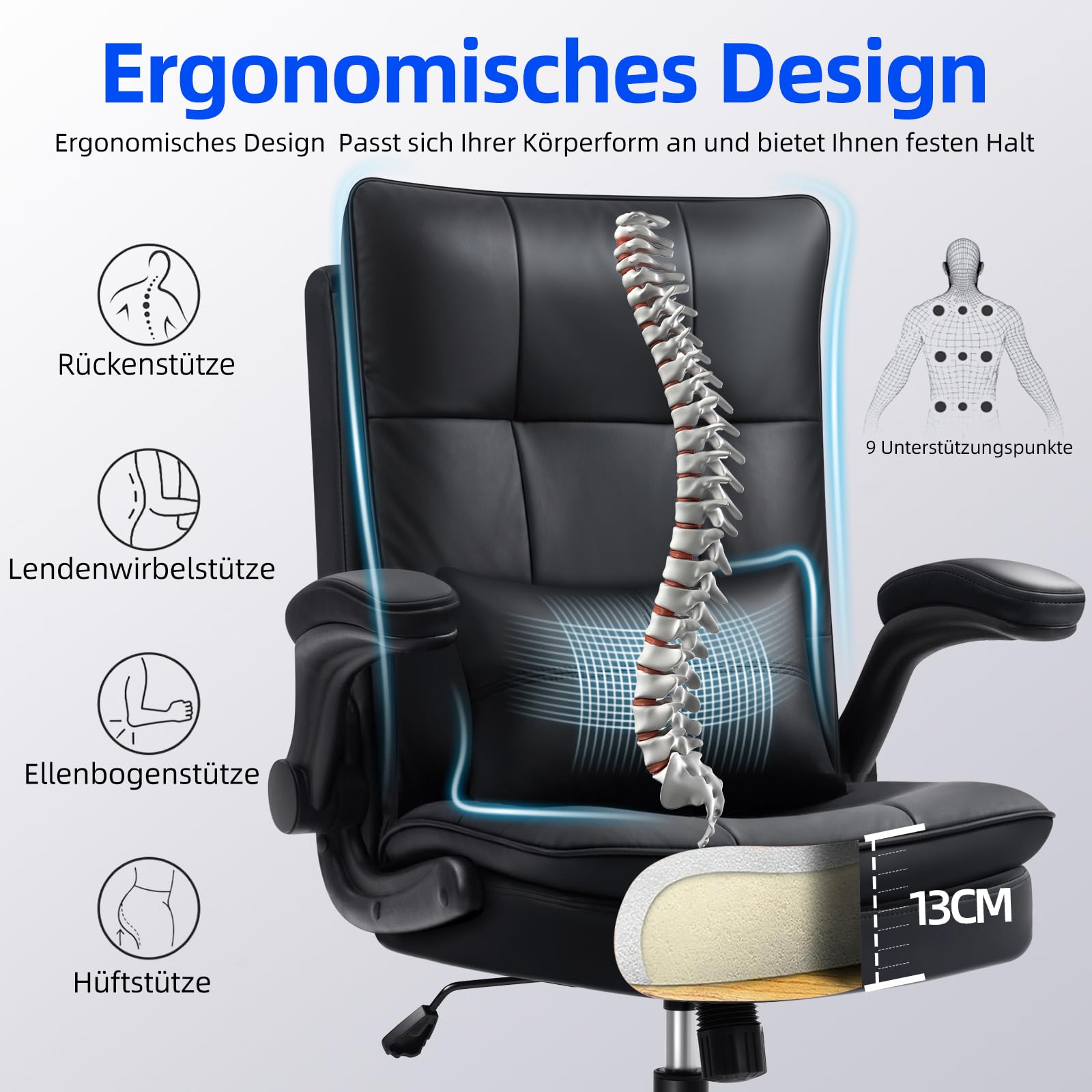 Bürostuhl Ergonomisch [TESTSIEGER] Schreibtischstuhl | Kratzfeste Leder | Hochklappbare Armlehne & Hohe Rückenlehne | Höhenverstellbar & Wippfunktion | Chefsessel 150 kg, Schwarz