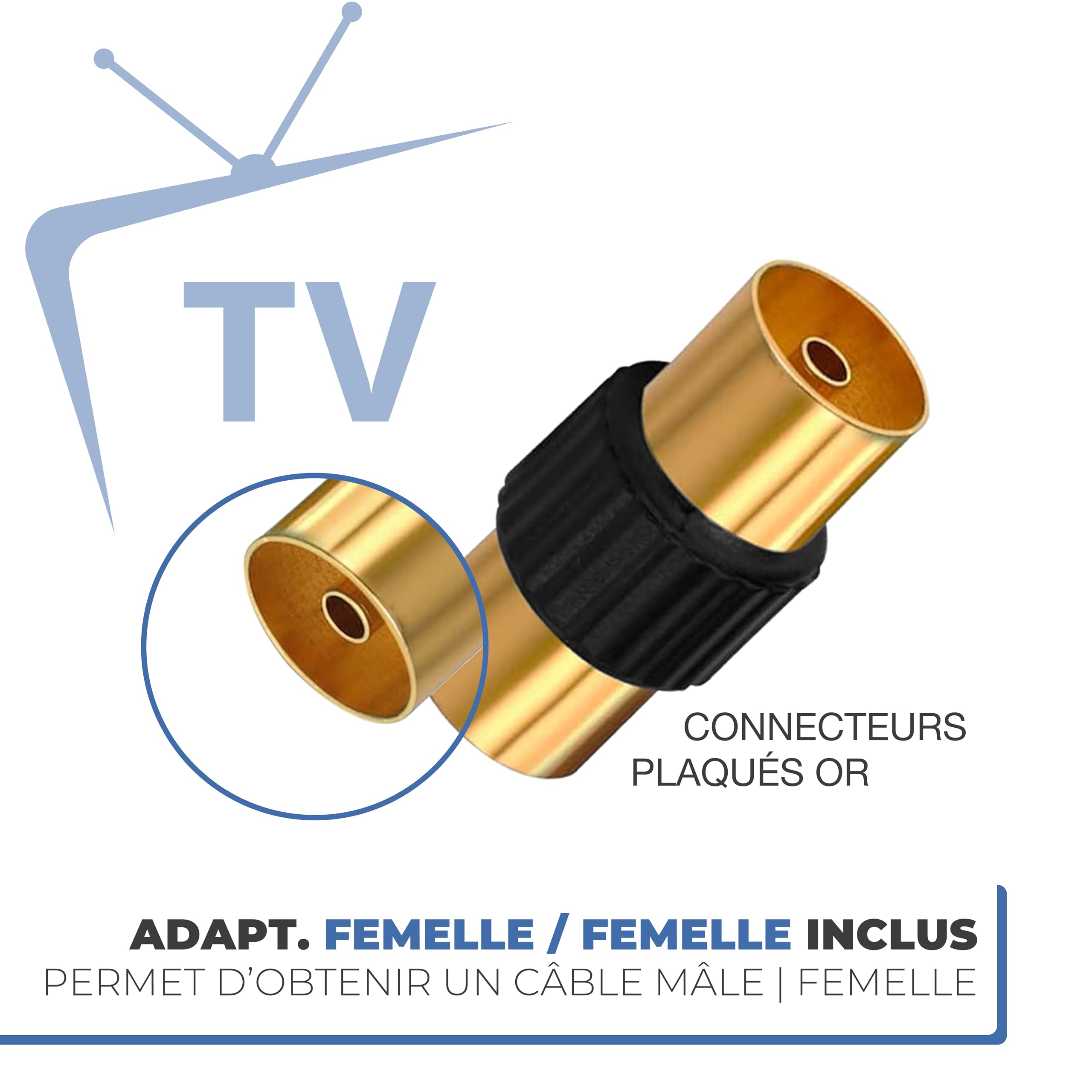 APM Câble TV Antenne 9.52mm, 5 Mètres, Connecteurs Gold Mâle/Mâle, Cordon Coaxial Noir avec Adaptateur Femelle/Femelle Inclus, Compatible TV Décodeur TNT Fiche Murale 9.52mm, 408026, 5m