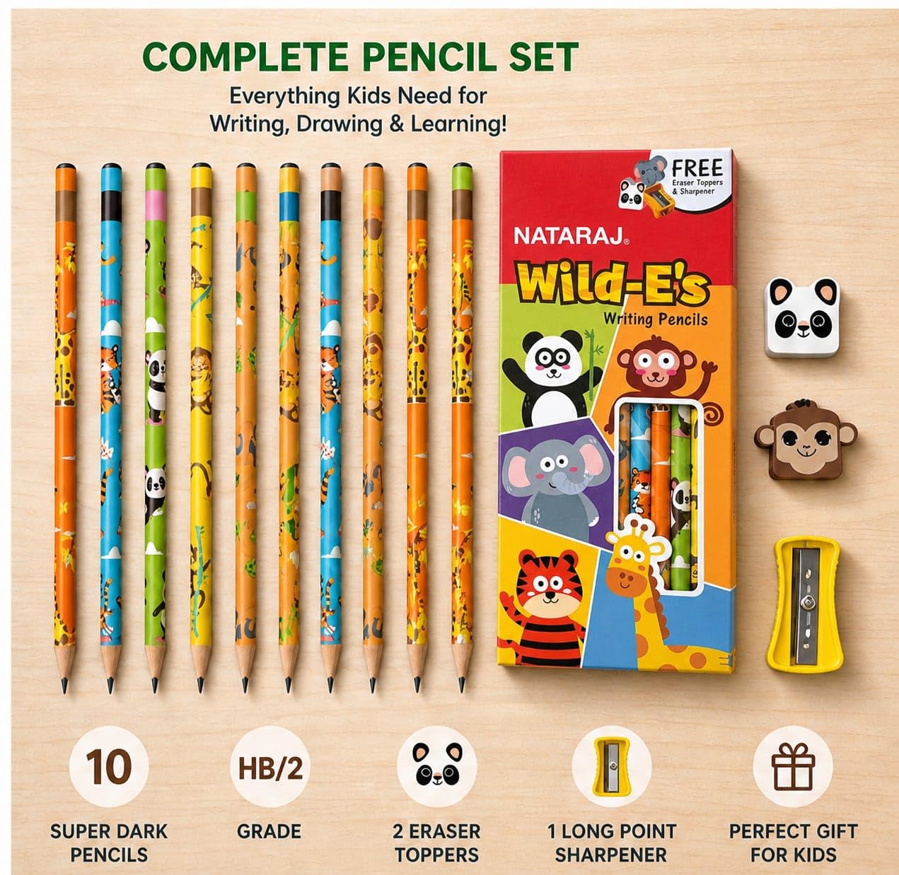 Nataraj Super Dark Wild-E's Wooden Graphite Pencils Pack of 10| Ergonomic Comfortable Grip| Easy Sharpening| Bold Writing-Low Pressure- FREE 2 Eraser Pencil Toppers & 1 Long Point Sharpener product image 2