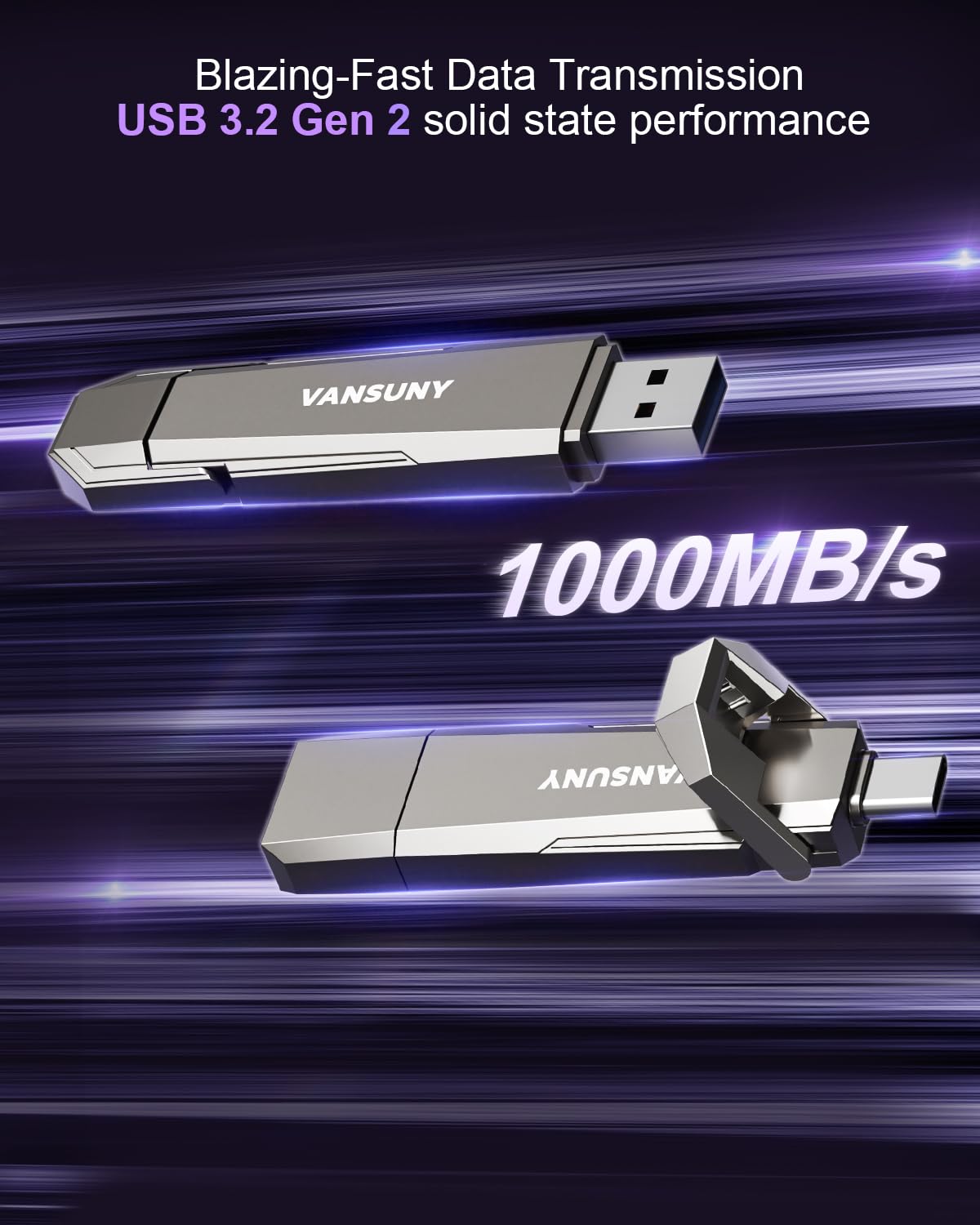 Vansuny SSD Esterno 1TB, Chiavetta USB 3.2 Gen 2 Pen Drive fino a 1000 MB/s, Memoria Esterna USB-C + USB-A per Smartphone, PC, Portatile, Mac, PS5